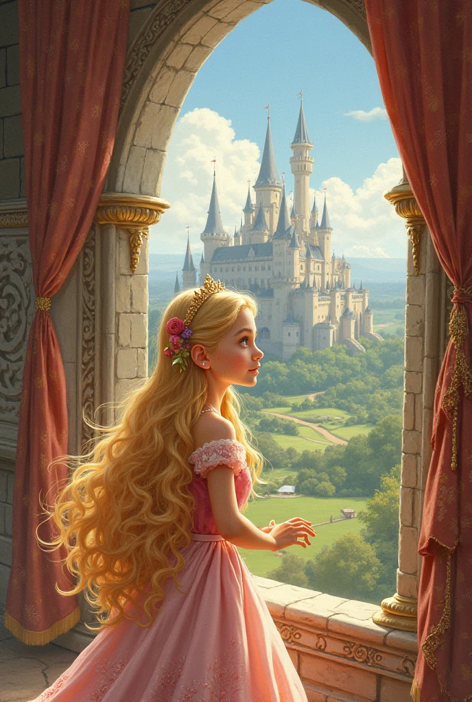 gernate a picture of baby rupenzal with long blong hair in the tower watching the sky with her bright big eyes