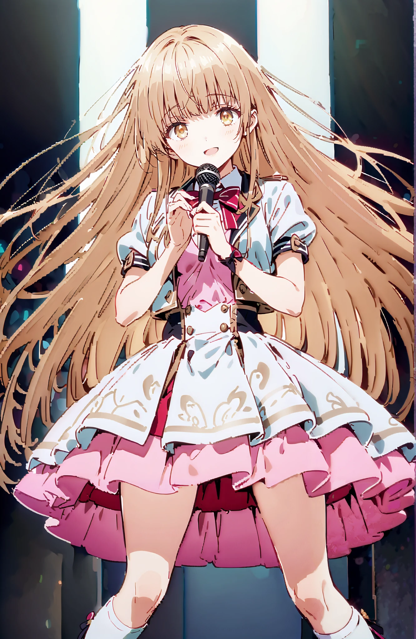 is horrible, Mahiru Shiina,Alone, bungs, Gold, long hair,yellow eyes,Medium breast,smile,cover,open your mouth,idol costume, dress,collared dress,jacket,cropped jacket,Short sleeve,bowtie,bow,button, above Decorati has ,(white knee-high:1.2),boots,is standing,アイドル歌手がライブ ステージで熱狂的に歌うシーンのillustration,アイドル歌手が ステージ中央にis standing, idol singers sing with microphones , idol singers are serious and impressive ,The singer's voice is strong and beautiful. , fans gather around the stage , fans sing and dance with idol singers Idol singers who do things ,The Big Picture, Various colored lights ,,full bodyがillustrationに入るように,break indoors,concert venue,
break looking at viewer,full body,
break (masterpiece:1.2), best quality, high resolution, Unity 8k Wallpaper, (illustration:0.8), (beautiful detailed eyes:1.6), very detailed face, so that it fits into the illustration, extremely detailed CG,full body写真, (perfect hand, perfect anatomy),
