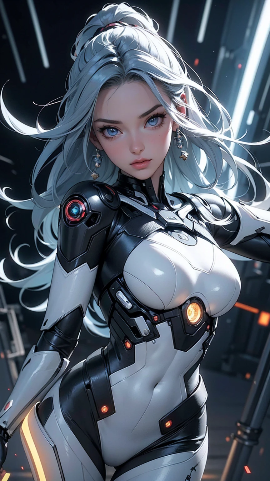 Beautiful young girl looking at camera, ((fisheye photo)), perfect detailed face, cyberpunk blurry background, futuristic cyber soldier sexy outfit, underwear detailed muscles realistic masterpiece gigantic breasts, hardnipples protruding, Ecchi, young sexy cyborg ta girl,shot from above, perfect legs, perfect arms perfect eyes, ((long white hair with 2 ponytails)), huge eyes,