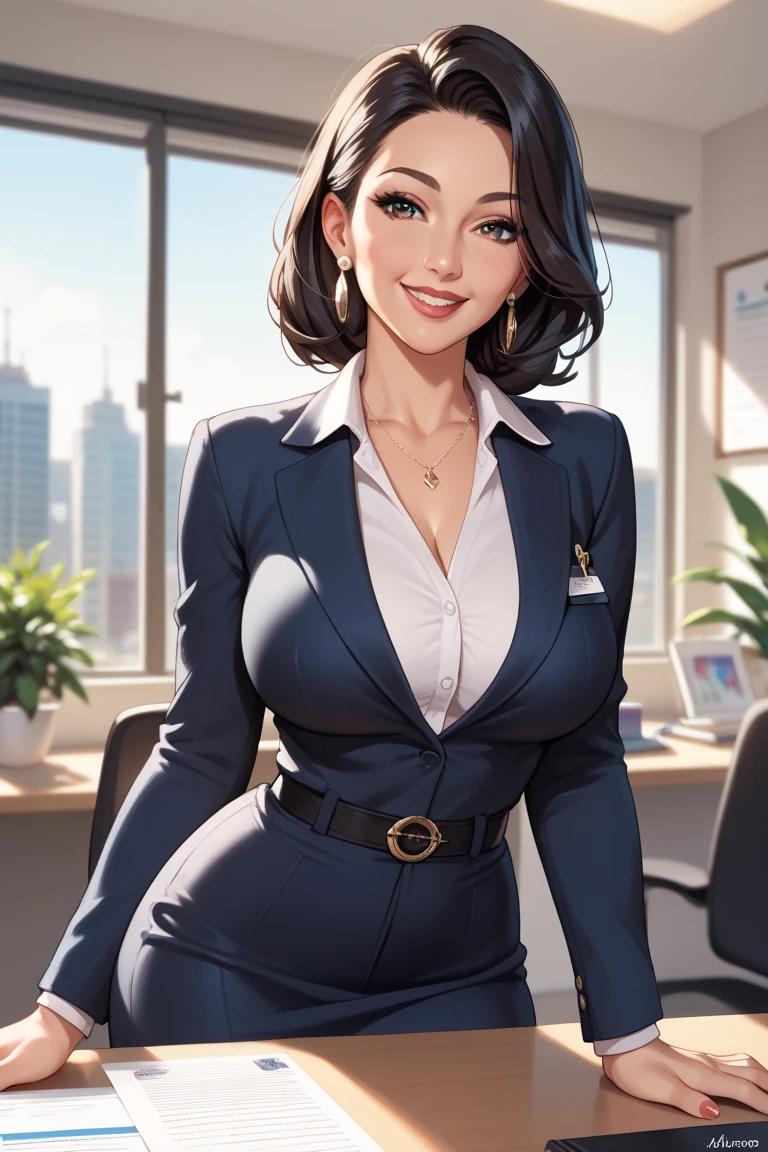 portrait mode woman with blue shirt and beige pants in front of a window, young business woman, wearing business casual dress, woman in office dress, vestindo roupas casuais elegantes, Vestindo uma blusa, office clothes, Foto de uma mulher, imagem profissional, foto profissional bem iluminada, woman in business suit, Mulher atraente, business clothes, Mulher sorridente, Mulher jovem sorridente