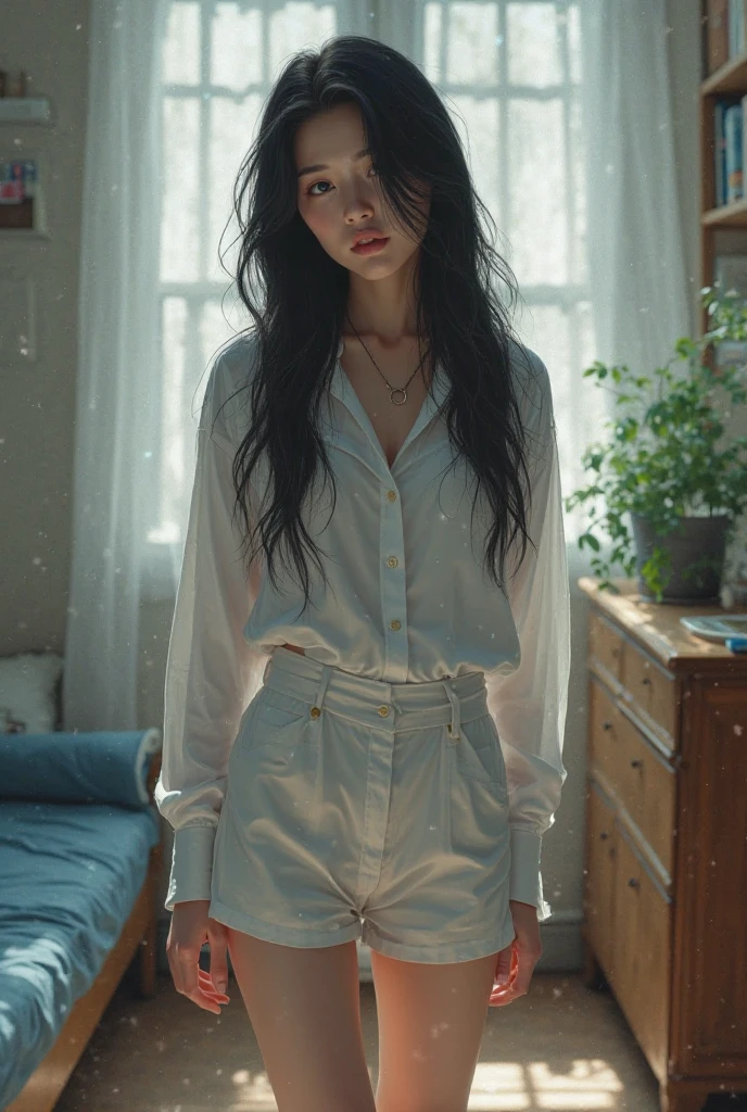 A teenage girl of Middle-Eastern descent in casual attire, specifically a pair of short socks, is standing in her room surrounded by posters of her favorite bands and a sprinkling of stuffed animals. The light is coming from a window on one side, casting a soft, warm glow across the room. The girl is seen tying one of the socks. She seems engrossed in her task, unintentionally revealing a rather thoughtful, determined expression that stands in contrast to the playful, light-hearted environment she is in.