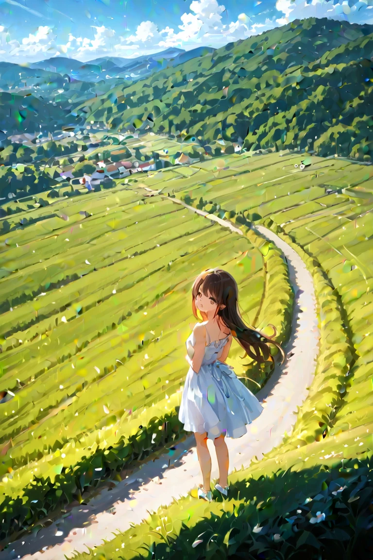 8 year old girl, playing, black eyes, rural landscape, white dress, playing, many flowers