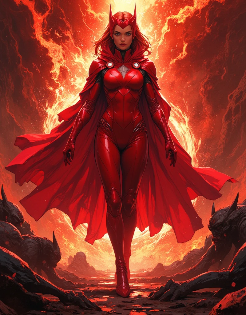 masterpiece,best quality,highres,realistic,1girl,full body,<lora:Scarlet Witch:0.6>, long_hair,gloves,cape,thighhighs,red_legwear,red_gloves,red_hair,elbow_gloves,superhero,