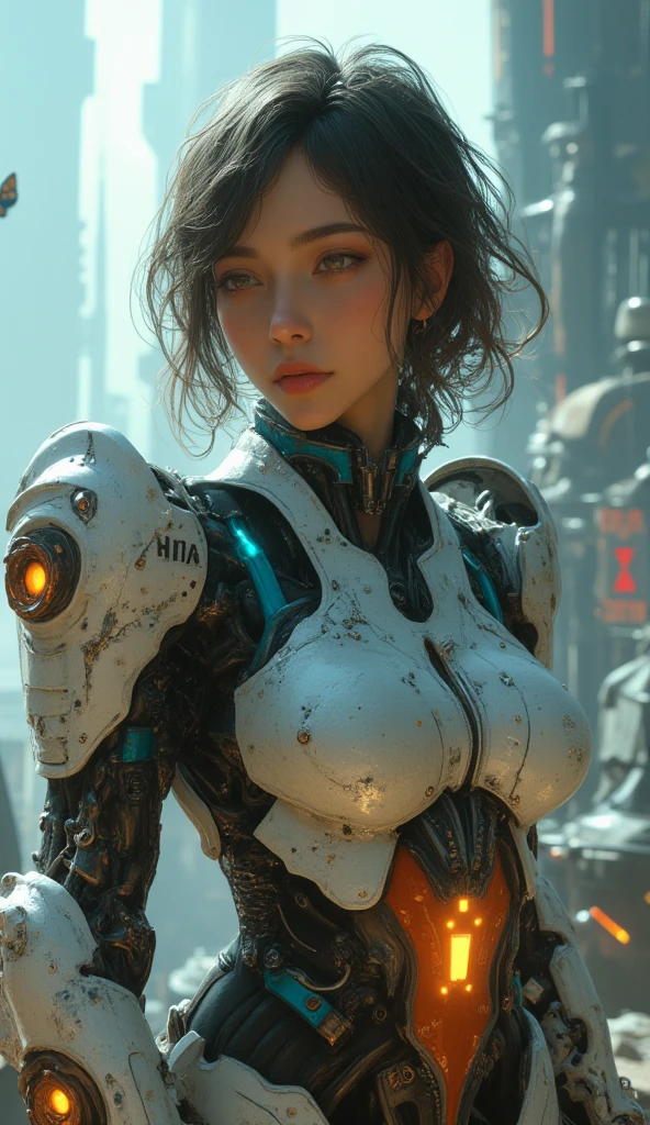 Top Quality, Masterpiece, Ultra High Resolution, ((Photorealistic: 1.4), Raw Photo, 1 cyberpunk Girl, Glossy Skin, 1 Mechanical Girl, (Ultra Realistic Details)), mechanical limbs, tubes connected to the mechanical parts, mechanical vertebrae attached to the spine, mechanical cervical attachment to the neck, wires and cables connecting to the head, Evangelion, Ghost in the Shell, small glowing LED lamps, global lighting, deep shadows, Octane Rendering, 8K, bloom effect, Ultra Sharp, Metal, Intricate Ornament Details, baroque details, Very intricate details, realistic light, CGSoation trend, facing the camera, neon details, (android manufactory in background), art by H.R. Giger and Alphonse Mucha.