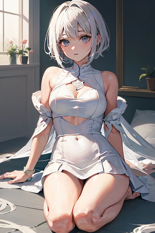 ((top-quality、8K、Manhwa Style:1.4、tmasterpiece,nedium breasts,onbed,Pubic hair shows through,full bodyesbian,Red-faced,is shy,unwear,white stockings,long whitr hair,long leges,Hotel,,Upper body nudity))、back Lighting、Beautiful Chinese woman、18yr old、with short white hair、Ultra-delicate skin、Beautiful production,Soft lighting