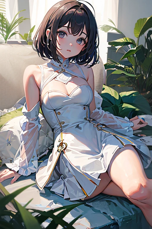 ((absurdres, RAW photo, extremely delicate and beautiful, masterpiece, Best Quality, ultra high resolution, 32k, hyperrealistic, ultra-detailed, perfect figure)), tearful mole, earring, full body shot, short medium hair, wavy hair, collared button-down shirt, shorts,