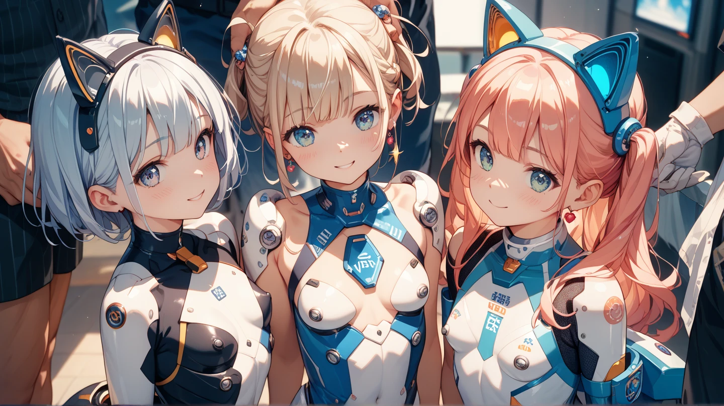 young woman, Long blonde hair, Twin tails, Heterochromia iridis, (Eye color is random),, Iron Man Armor, masterpiece, Highest quality, Full HD, 8k, Very detailed, Great graphics、、(Beautiful breasts)、Big Breasts、、Iron Man in the background、Cowboy Shot、(Black background;1.5)、
