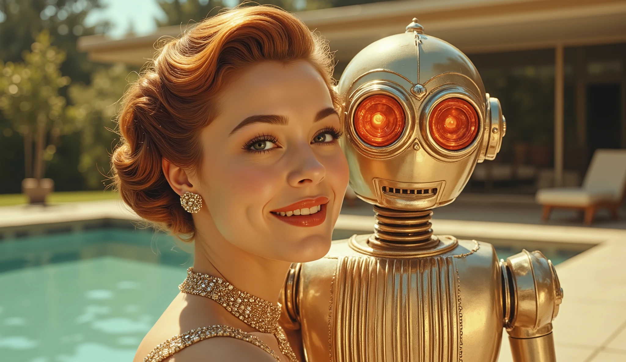 A young woman with vibrant auburn hair styled in a 1940s bouffant, light skin, and a joyful expression, adorned in a shimmering, gold-toned beaded, sparkly, high-necked evening gown. Close-up of a golden-colored, stylized robot, metallic, with vibrant red glowing eyes, standing next to the woman. The robot's body features vertical stripes, metallic texture, and a polished finish. The setting is an outdoor, sun-drenched environment, featuring a modern, mid-century-style pool area. The background has out-of-focus greenery and a beige, modern structure. Warm golden light casts soft shadows, enhancing the 1940s, retro aesthetic, with a vibrant, bright color palette of golds, beiges, and greens. The woman and robot are posed in a friendly, almost affectionate embrace, in a relaxed pose. The perspective is slightly high angle, focusing on the interaction between the two subjects. The mood is warm, nostalgic, and slightly whimsical, evoking a timeless feel. The style is inspired by vintage science fiction and Hollywood glamour. Focus is on the faces and bodies, with a soft bokeh effect in the background.