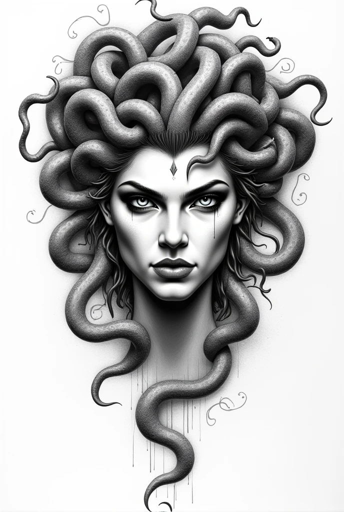 Monochrome manga style, iconic Medusa, mythical Gorgon, ferocious yet tragic appearance, striking visage framed by ethereal snake hair, serpents coiling and twisting, intense glare capable of petrifying any who dare gaze directly into her eyes, dynamic pose accentuating her power and sorrow, delicate features juxtaposed with unleashed rage, intricately detailed scales of each snake, rendered with expressive hatching and inked lines capturing movement and energy, deep shadows emphasizing the contours of her face, dramatic background hinting at the ancient ruins of Greece, dark stormy skies foreboding her fate, tension palpable in the air as she faces her ultimate confrontation with Perseus, an embodiment of the clash between hero and monster, sharp contrasts enhancing the gothic atmosphere, exaggerated expressions embodying the essence of manga art, expertly crafted line work delivering emotional weight, cinematic composition focusing on Medusa's haunting beauty, tragic allure accentuated by the impending doom of her beheading, illustrated with skilled traditional manga techniques, monochrome shading invoking a sense of nostalgia and artistry worthy of classic Japanese graphic novels