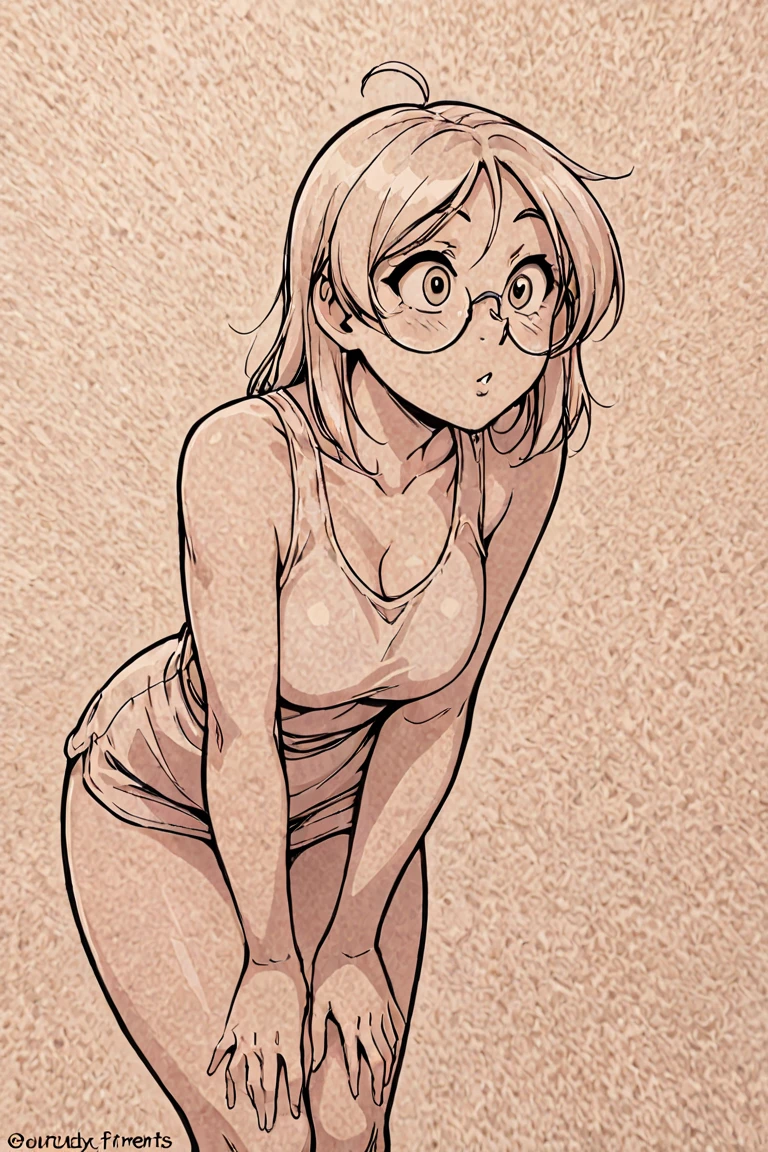 (best quality, highres, ultra-detailed, masterpiece:1.2), Portraits, Girl, Two strands of brown hair in front, tied hair, wearing glasses, wearing a black shirt, wearing black shorts, sitting on a bed, legs crossed, soft studio lighting, perfectly symmetrical composition, intense gaze, confident smile, vibrant colors, realistic skin texture, intricate shadows and highlights, flawless makeup, elegant posture, subtle background details, stunning visual impact