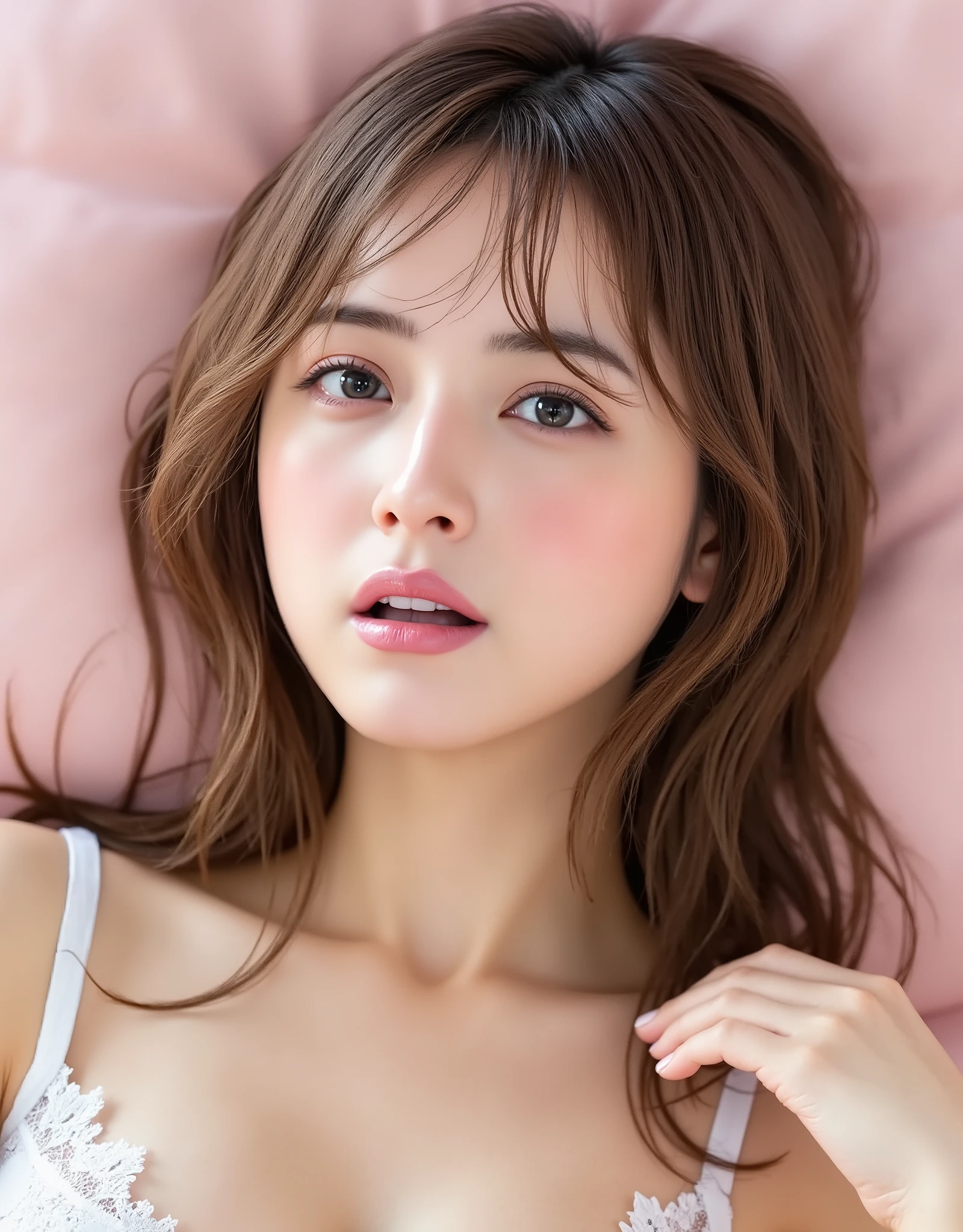 NSFW, (Highest quality), (Ultra-precise CG 16K wallpaper), (Realistic), (High saturation), (Sharp), Beautiful detailed shading, Beautiful natural lighting, Beautiful detailed glow, (Afternoon sunlight), Natural light, Depth of field, (Mature 24 year old woman, One person), (Very beautiful Japanese face), (Sasaki Nozomi), (Side swept soft wavy long cut hair with bangs), (Shiny brown hair), (Sparkling eyes), (C cup size breasts, cleavage), (Beautiful breasts), (Beautiful skin), Beautiful proportions, (Moaning face: 1.6), (The woman is looking at me), (Woman is wearing a white lace bikini bra), (Lying pose lying on her back), (Light pink bed and cushion), (Full screen image), (Angle of view of woman's upper body), (Image of woman looking down), (Woman is lying on her back on the bed and moaning),