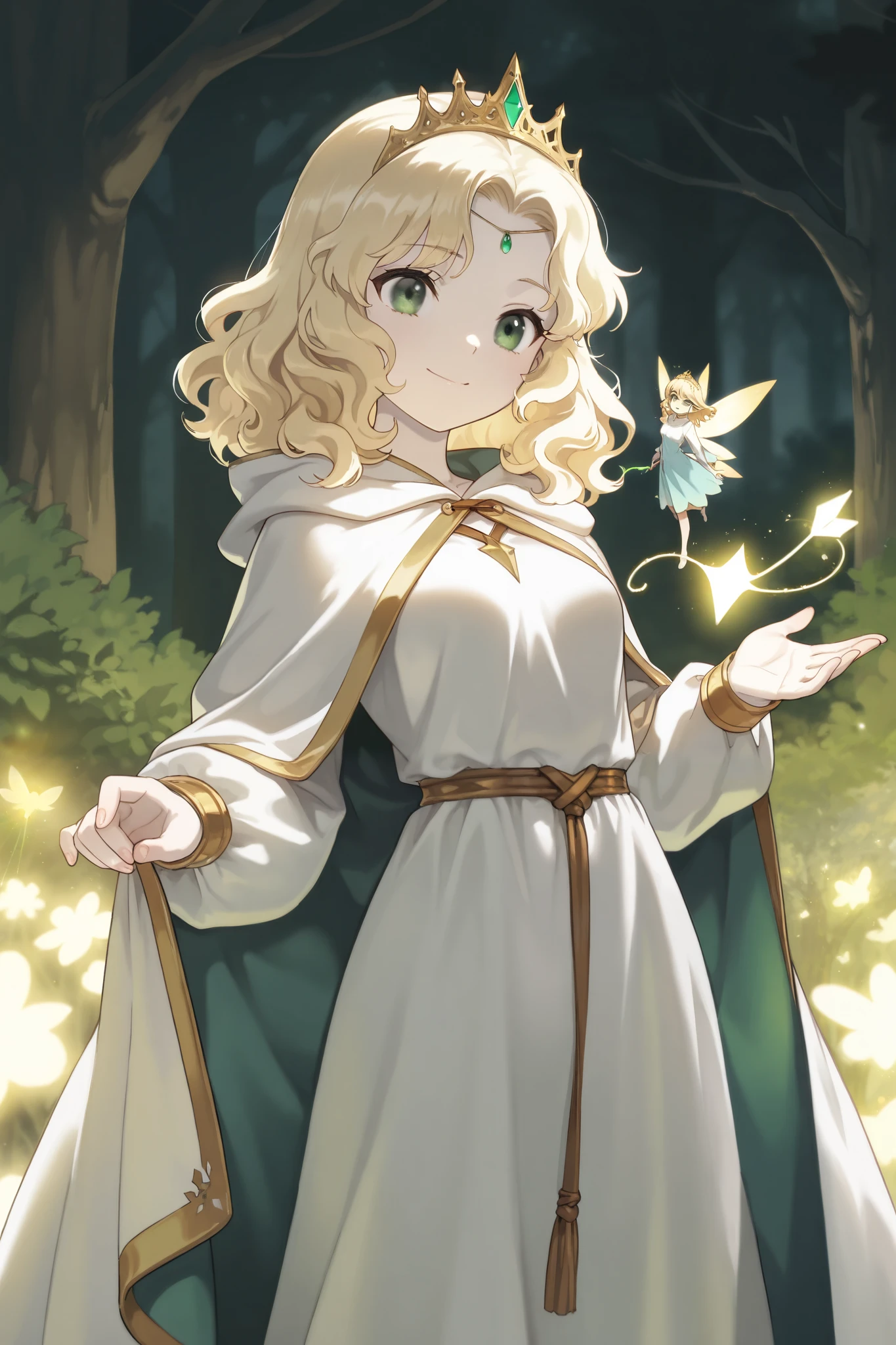 (best quality), (very aesthetic), (ultra-detailed), (best illustration), Archer, fairy robe, one woman, petite, wavy hair, medium hair, sideburns, blonde hair, tiara, green eyes, pale skin, medium breast, warm smile, radiating holy light, Powerful Wizard with a Glowing Bow in a Mystical Forest, dress, bow and arrow
