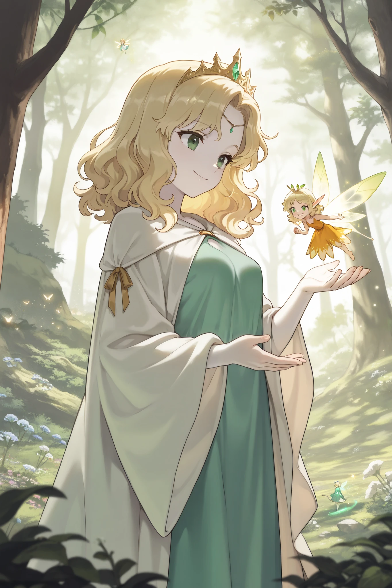 (best quality), (very aesthetic), (ultra-detailed), (best illustration), Archer, fairy robe, one woman, petite, wavy hair, medium hair, sideburns, blonde hair, tiara, green eyes, pale skin, medium breast, warm smile, radiating holy light, Powerful Wizard with a Glowing Bow in a Mystical Forest, dress, bow and arrow