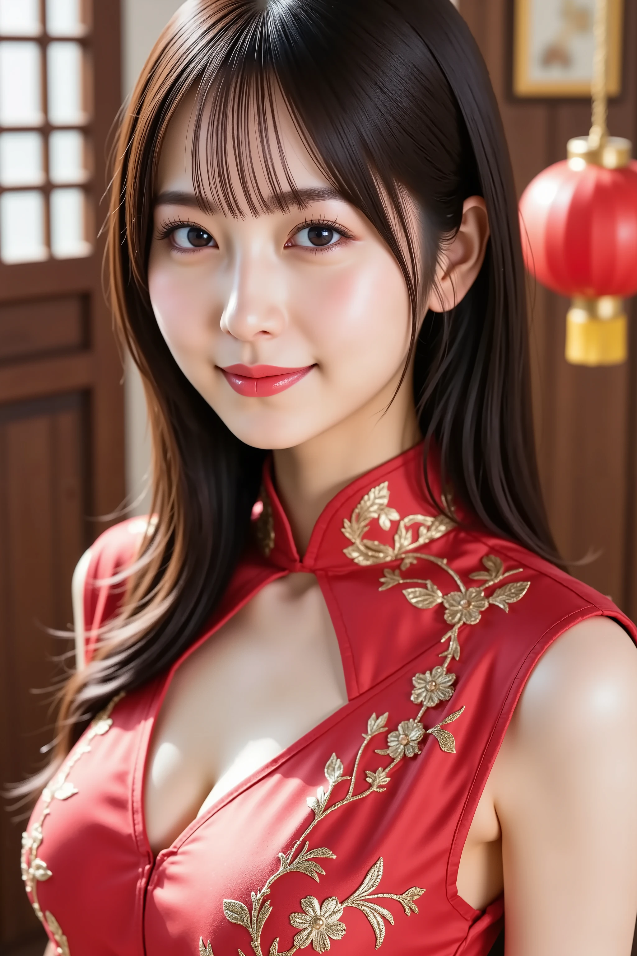 A masterpiece featuring a beautiful woman with long black hair and bangs, wearing a form-fitting, traditional red cheongsam (qipao) with intricate gold embroidery that accentuates her elegant figure. Her clear, radiant skin and warm, inviting smile enhance her captivating presence. The composition centers her face, highlighting her natural beauty. The background showcases a traditional Chinese setting, featuring elements such as ornate wooden screens, red lanterns, and intricate architectural details, enhancing the cultural ambiance. Rendered in 8K resolution for stunning detail and clarity.スリット