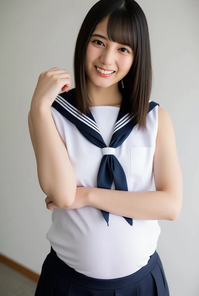 neat college girl, (school uniform, sailor uniform, ribbon tied at chest, summer uniform, upper body white, skirt is navy blue), outside the athletic field, (slim), photorealistic, detail, skin texture, ultra detail, delicate and sexy collarbone, smile, super detailed face, detailed lips, detailed eyes, double eyelids, small breasts, small breasts, small, flat breasts, breast emphasis