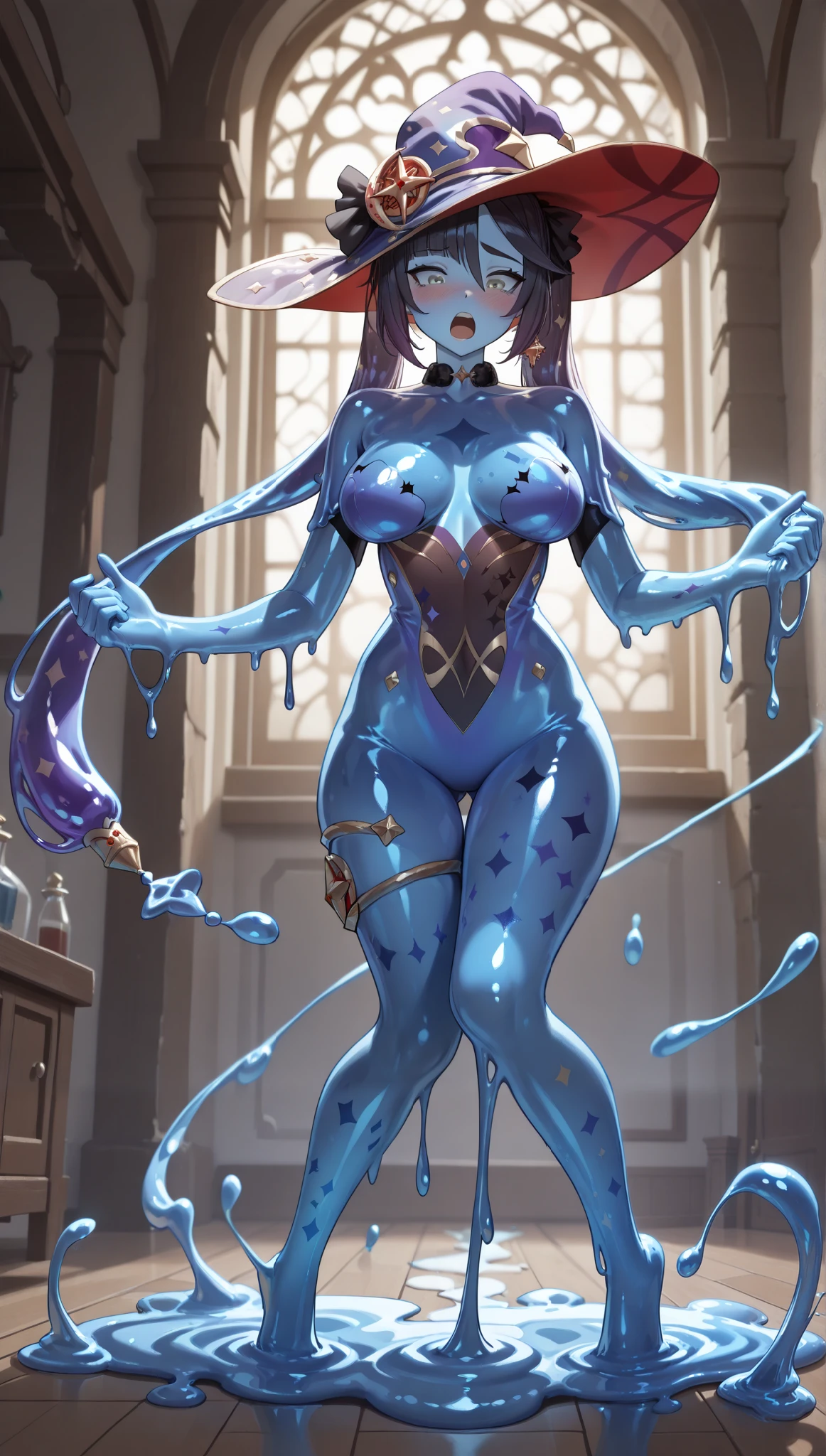 (professional quality, dynamic lighting, perfect eyes, detailed eyes, detailed face, full body), (shapeshifting:50.0, shapeshift:20.0, Inque:1.0, melt:10.0, melting:10.0, Adult mature, mature Mona Genshin Impact, Mona almost Naked, Mona slime_girl:3.0, transparent slime_girl:5.0, translucent slime_girl:5.0, drippy slime_girl:9.0, liquid Mona:1.0, melting feet:20.0, melting calves, the whole body is covered with jiggly melted slime skin:20.0, melting slime_girl hands:7.0, slime_girl puddle:5.0, Mona Hat, Mona hair, slime hair, melting hair, long trails of slime dripping from her body to the floor:1.0, blobs of slime dripping from her body to the floor:1.0, slime_girl torso, torso melting into a puddle, hands melting into a puddle, woman melt into a puddle), (blushing, looking down, open mouth, horny, shuddering body, screaming, pleasure)