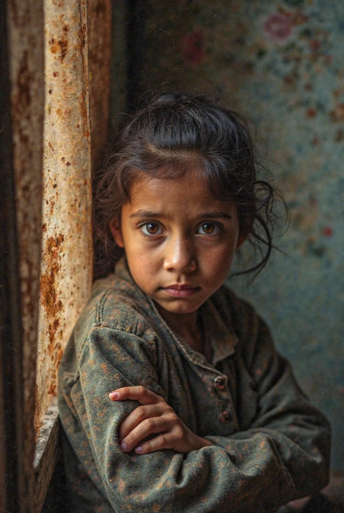 (((best qualityer))), high detaild, depth of fields, ((naughty girl)) 8 year old Brazilian, Tired eyes, thin eyes, eyes large, worn out clothes, Hair is tangled, The skin is damaged by dirt, abandonned, Simple street in a poor neighborhood with buildings with broken windows, Thin face and eyes are sad and scary, sitting with knees bent, (Realistic Photos:1.5), (((high resolution illustration))), (((extremely detaild))), dramatic shadows, cinematographic.