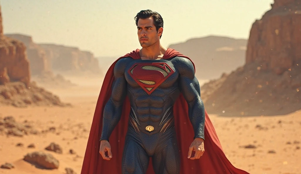 a man in a superman suit standing in the desert, herry cavill, justin hartley as superman, henry cavill!!!, superman, henry cavill as james bond, henry cavill, superman emerging from the sun, henry cavill as a warrior, superman pose, superman costume, henry cavill as batman, nicholas cage as superman, dwayne johnson as superman, dune style