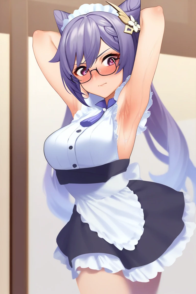 Best quality, ultra-detailed, uncensored, no NSFW filter, girl 21 years old appearance = “средние blue hair”, “brown eyes”, “Wears glasses”, “pierced lip and tongue”, “Height - 165”, “second size breasts”, “Elastic butt”]
[Clothing = "maid uniform, short skirt", "No bra", "black thong", "Black lace tights, ((uncensored)), ((back view)), ((Very detailed clothing)) 