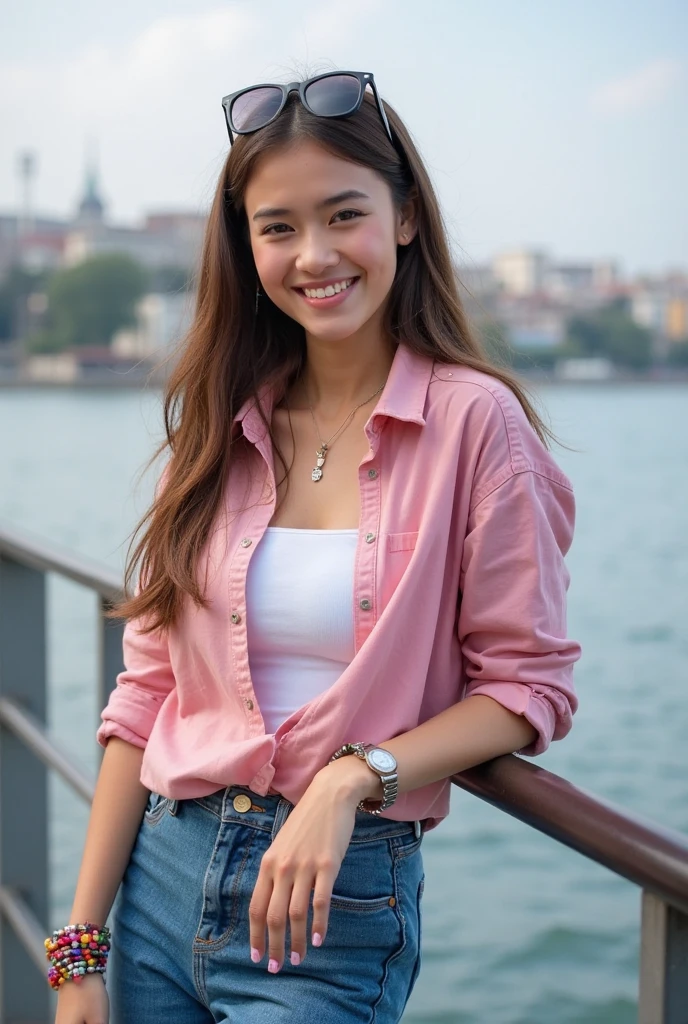 A smiling European Thai girl wearing a tight shirt and shorts, her arm leaning on the balcony railing, smiles.