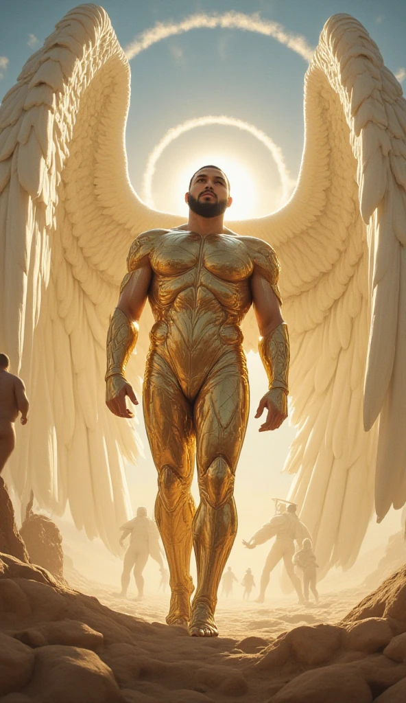 Homem romano realista beleza masculina nariz fino labios carnudos queixo qyadrado diamante. With angel wings on golden heads. Full body with crotch penis