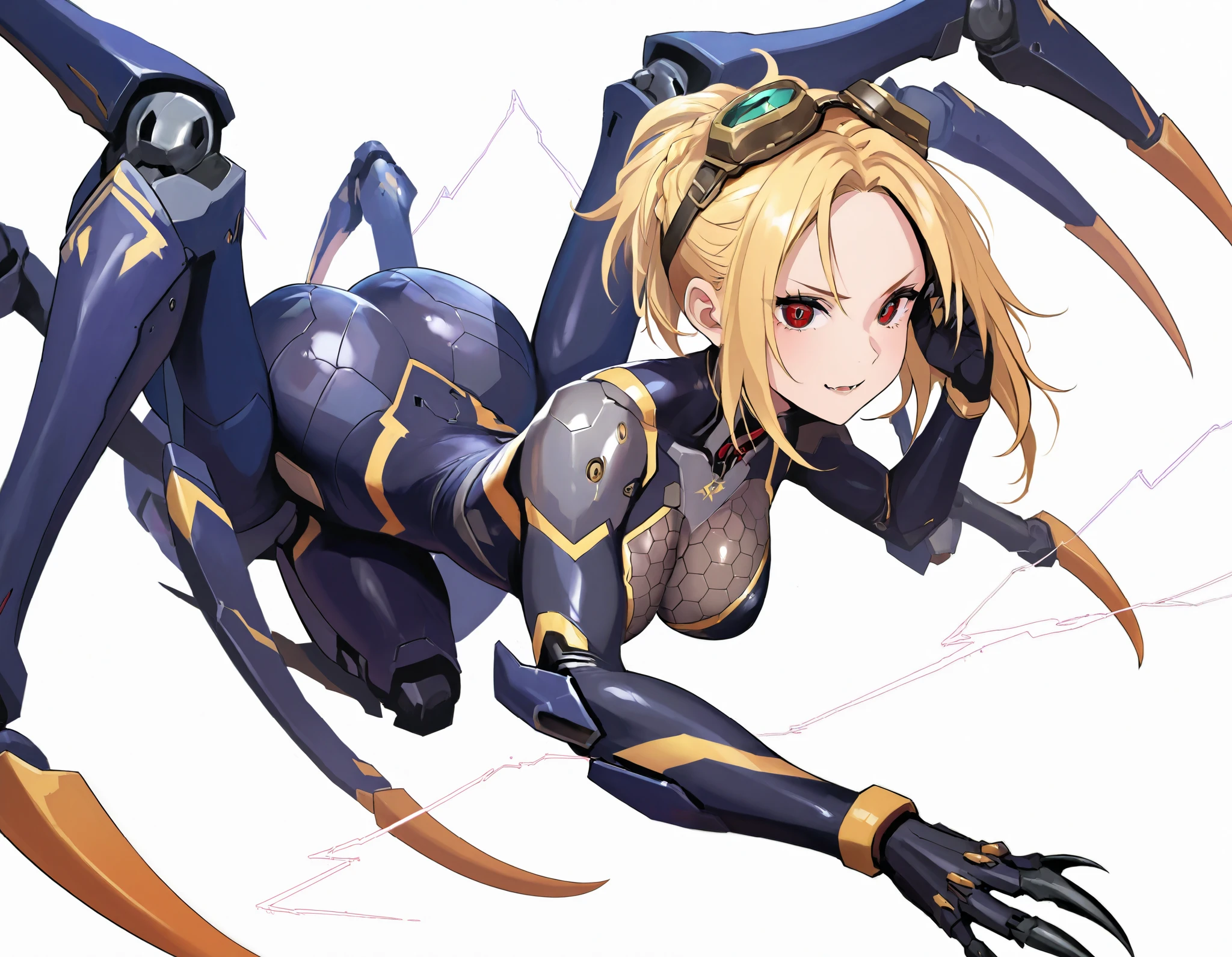 Arachne style girl. Cyber ​​style. Honeycomb pattern bodysuit. Lightning. Mechanical spider legs. Blonde hair. Side-parted bangs. Turret. Sharp claws. Mechanical head accessory. Compound eyes. Goggles. Breasts perky. White background.
