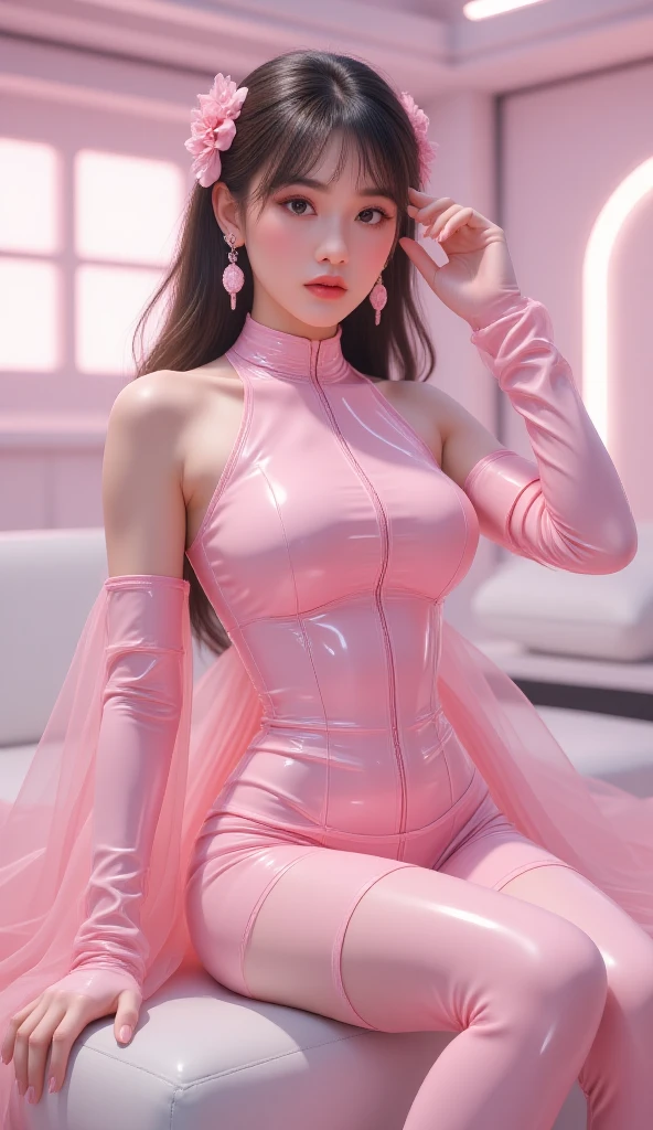 A maiden, maiden with exposed skin, sticky liquid, tentacles licking, lying face up, hands separated by chains, struggle, pain, penetration, pink stockings, pink dress, silver-white hair, using ice magic, magic suit, pink eyes, pink ice wings