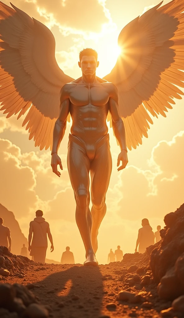 In appearance they were man-shaped., but each of them had four faces and four wings. His legs were straight; His feet were like those of a calf and gleamed like polished bronze.. under your wings, on four sides, they had human hands. The four had faces and wings, and their wings touched each other.