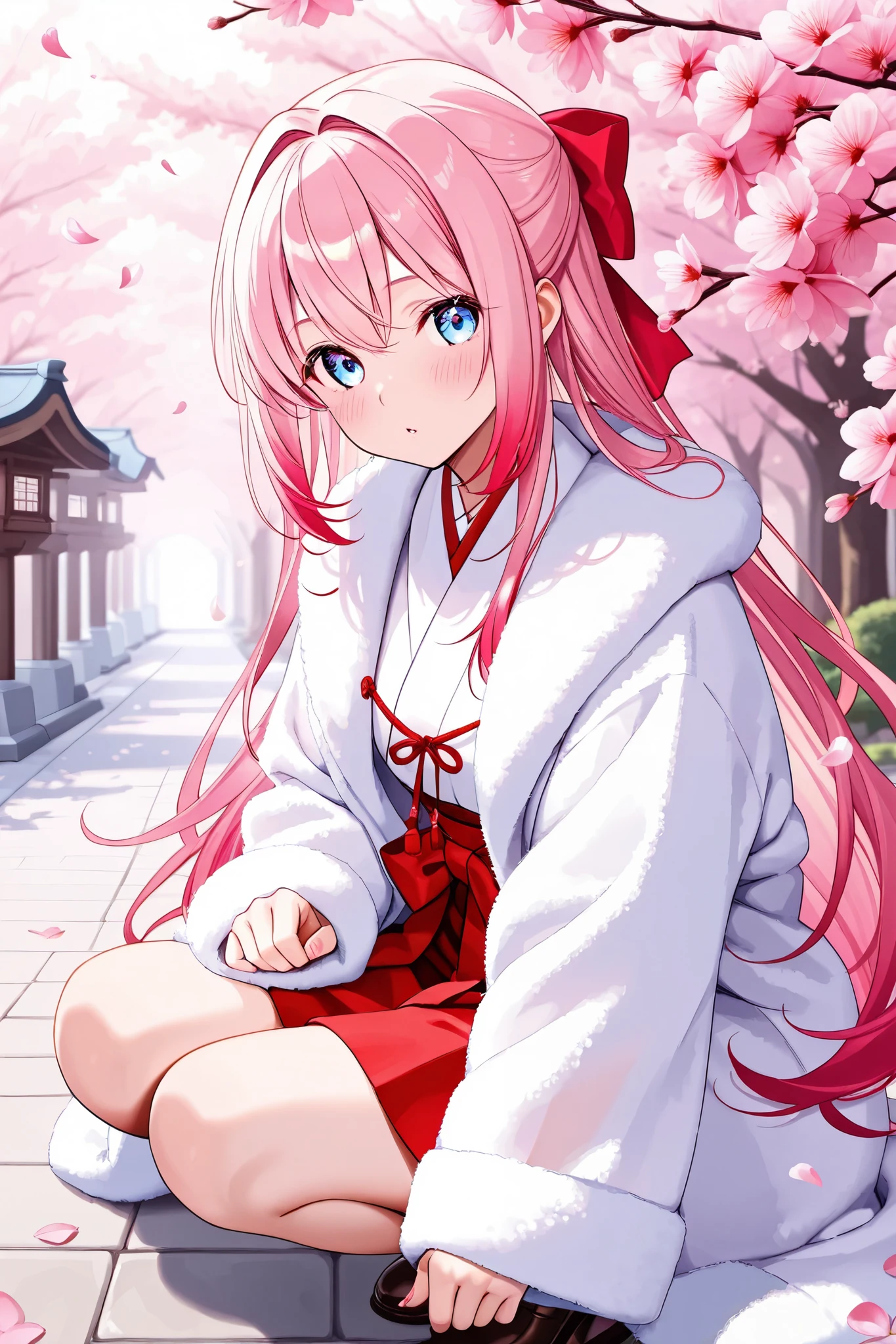 Cherry blossom trees in full bloom、Japanese style details、one girl、Shining cherry eyes、half up、very long hair、Cherry-colored hair、red ribbon、Luxurious shrine maiden costume、A fan with a bell、see-through sakura-colored feather coat、(8k)、(crisp quality)、(high resolution)、Pastel feel、Cherry blossom trees、Wood Leak Day、Cherry blossom petals 、(masterpiece)、(best quality)、(ultra detailed)、(intricate)