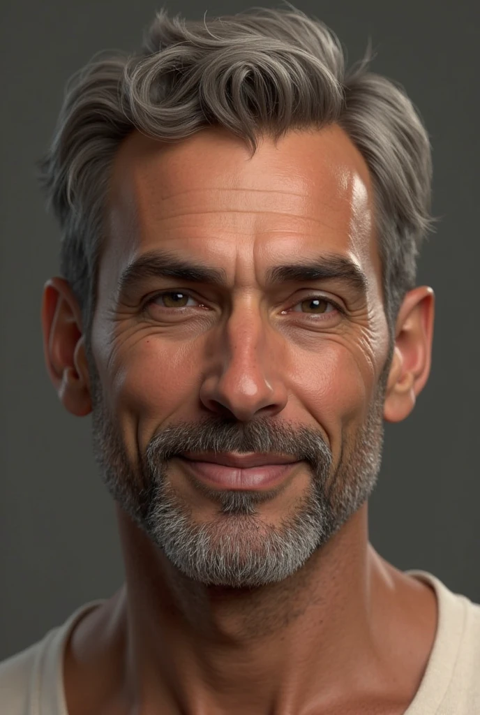 (Best Quality,4K,8K,hight resolution,masutepiece:1.2),Ultra-detailed,Realistic,hardworking mature man with tousled grey hair, Handsome face, rounded face shape, grey hair and eyes,Sauce order, Wearing a white underwear tanktop ,smooth hair,A lot of bangs fall on the forehead,bangs parted in the center,front facing,No background,