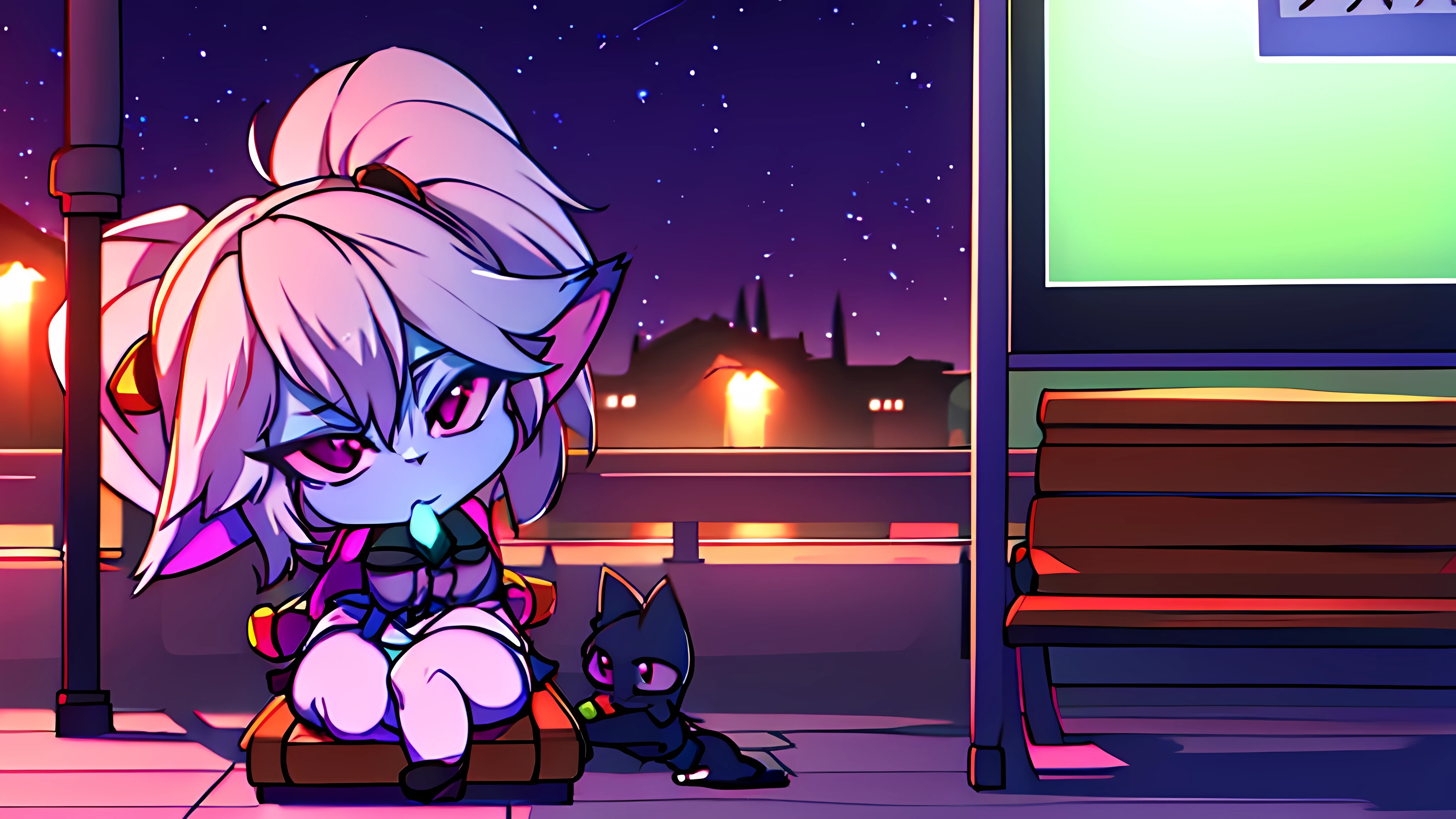 Poppy sitting on a bus stop bench at night, while playing with a cat, beautiful and cute, but at the same time she is provocative and sexy. /purple and pink colors are predominant. /anime style