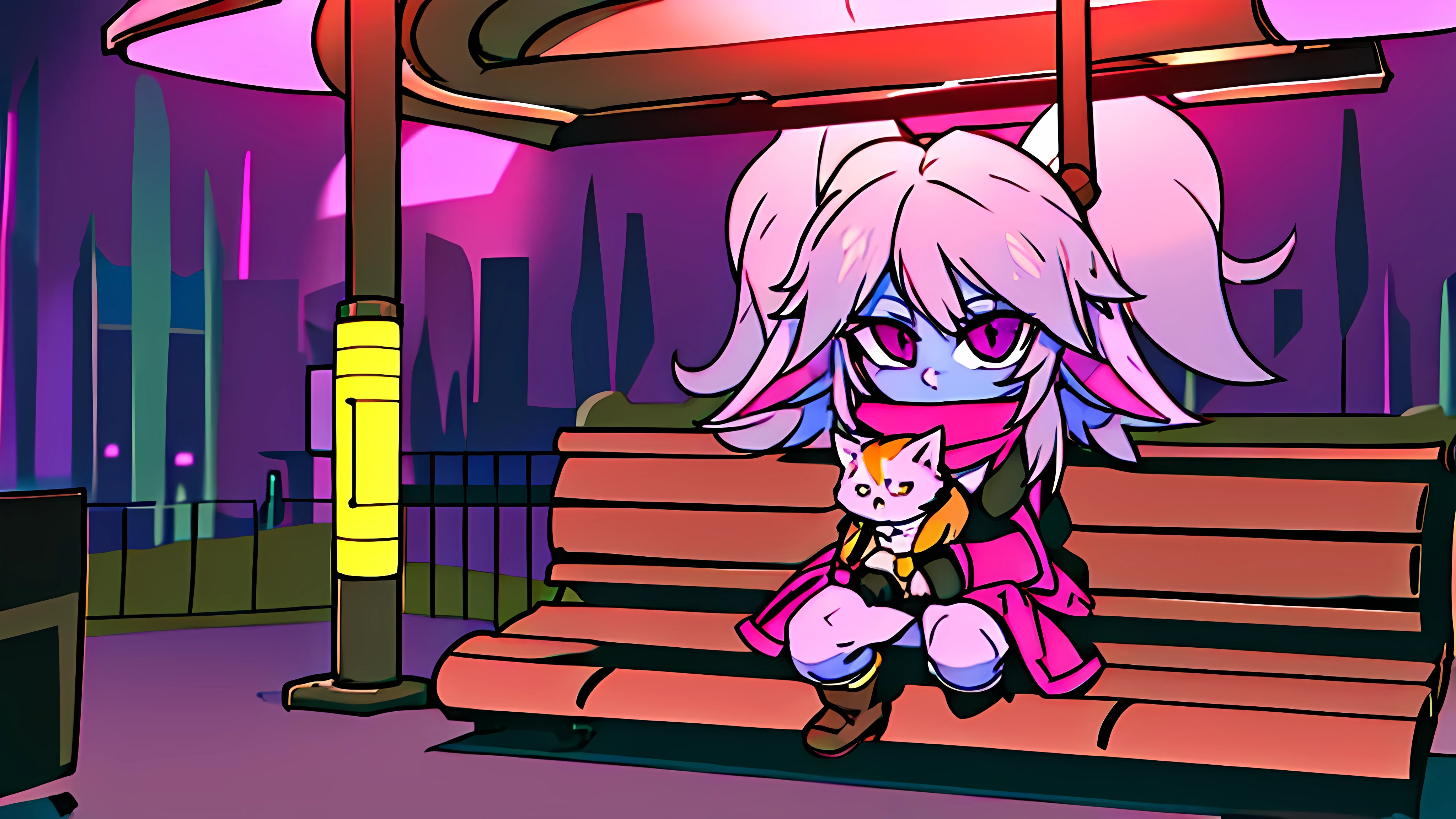 Poppy sitting on a bus stop bench at night, while playing with a cat, beautiful and cute, but at the same time she is provocative and sexy. /purple and pink colors are predominant. /anime style
