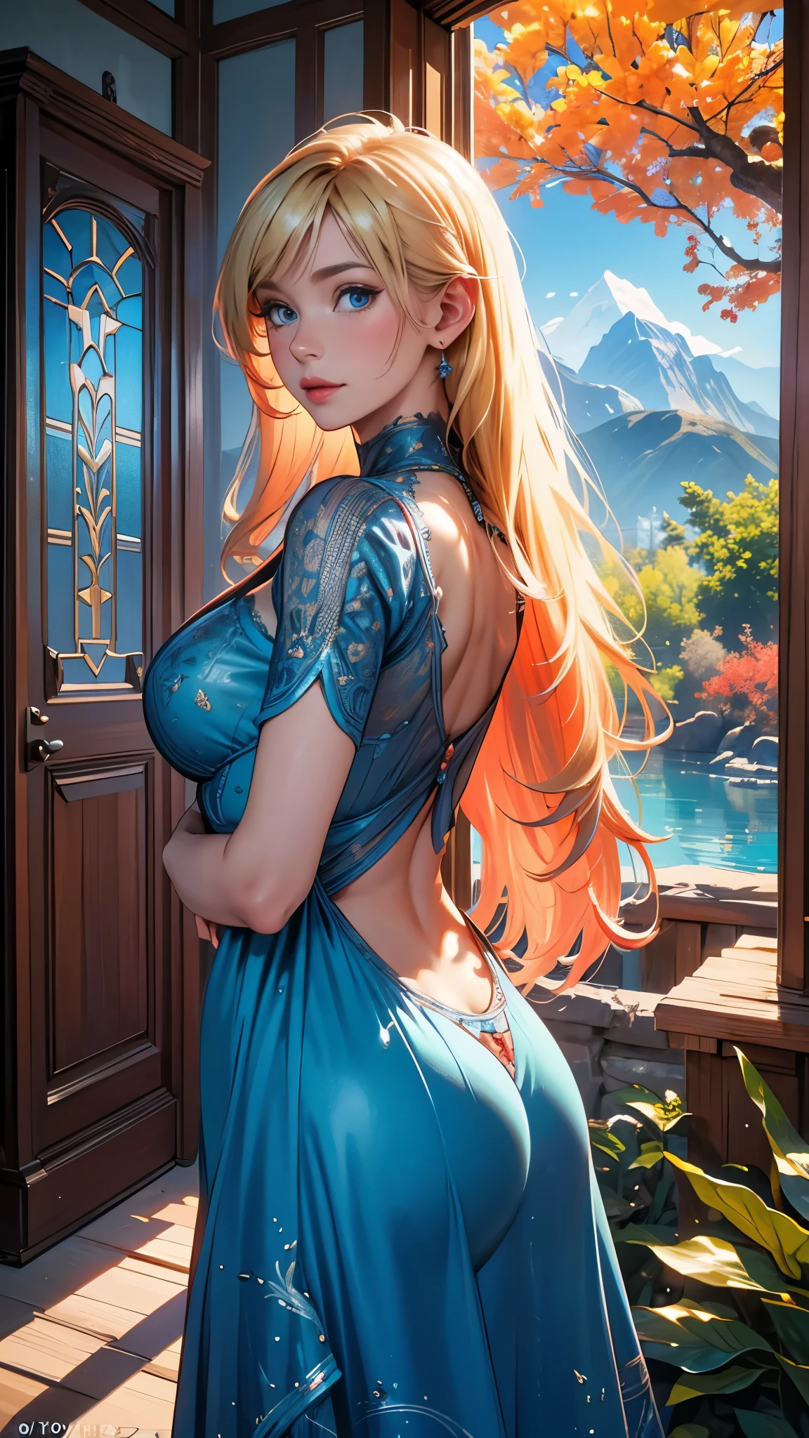 (visible ribs), long flowing orange hair, light blue see through dress, orange eyes, well endowed, perfect thighs, round bottom, thin waist, outdoor shower, Japanese architecture, from behind, profile, looking back at viewer, slim figure, , young, realistic, cute overload, ulzzang, blue and gold monochromatic color palette, full body, nature, mountains, boulders, waterfalls, nighttime.