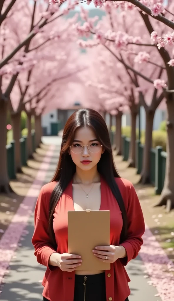 8k, Masterpiece, Top Quality, High-angle, woman, dark hair, glasses, red top, low-cut, pen, clipboard, papers, thoughtful expression, serious,  background is Sakura forest 