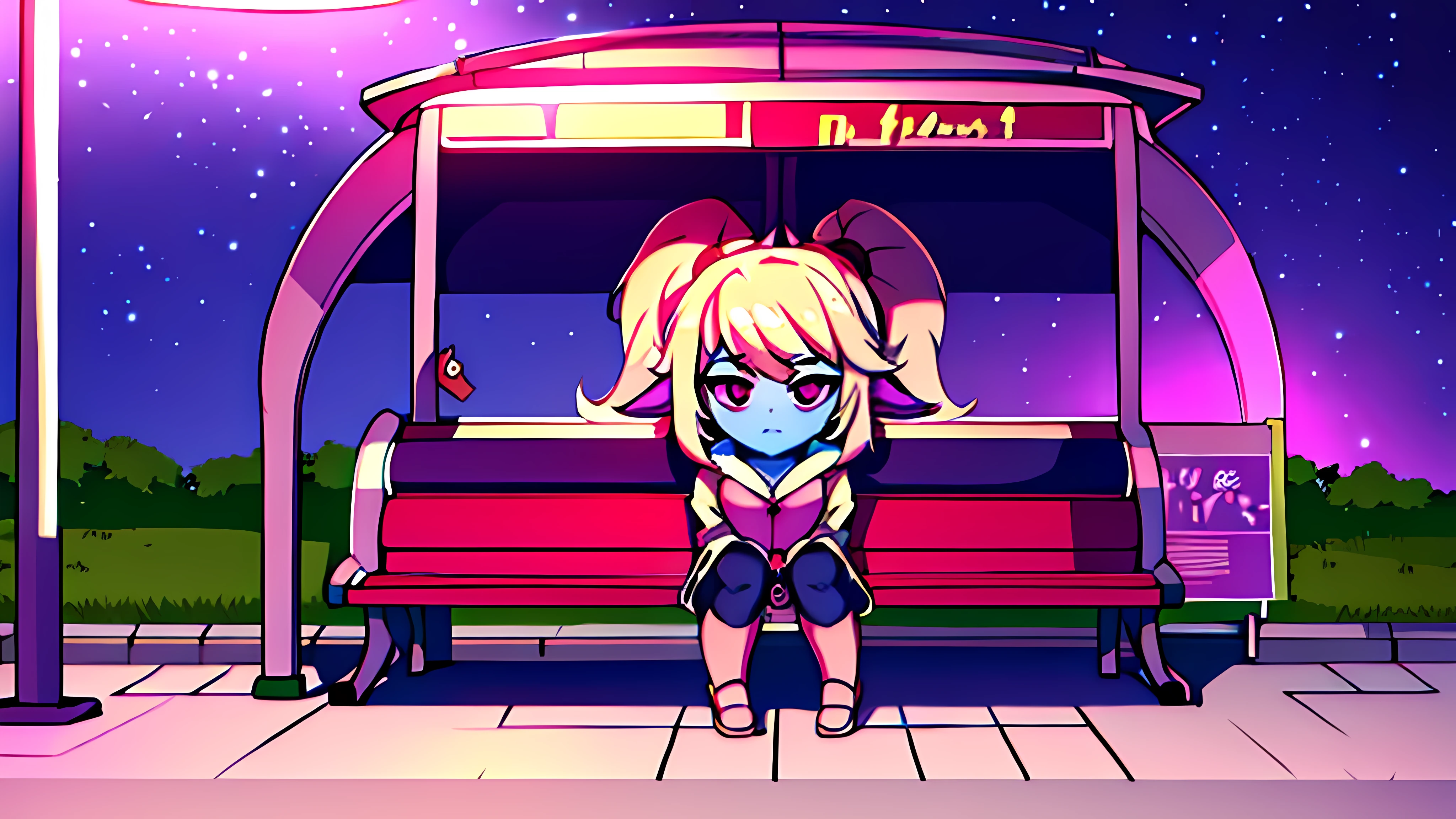Poppy sitting on a bus stop bench at night, while playing with a cat, beautiful and cute, but at the same time she is provocative and sexy. /purple and pink colors are predominant. /anime style