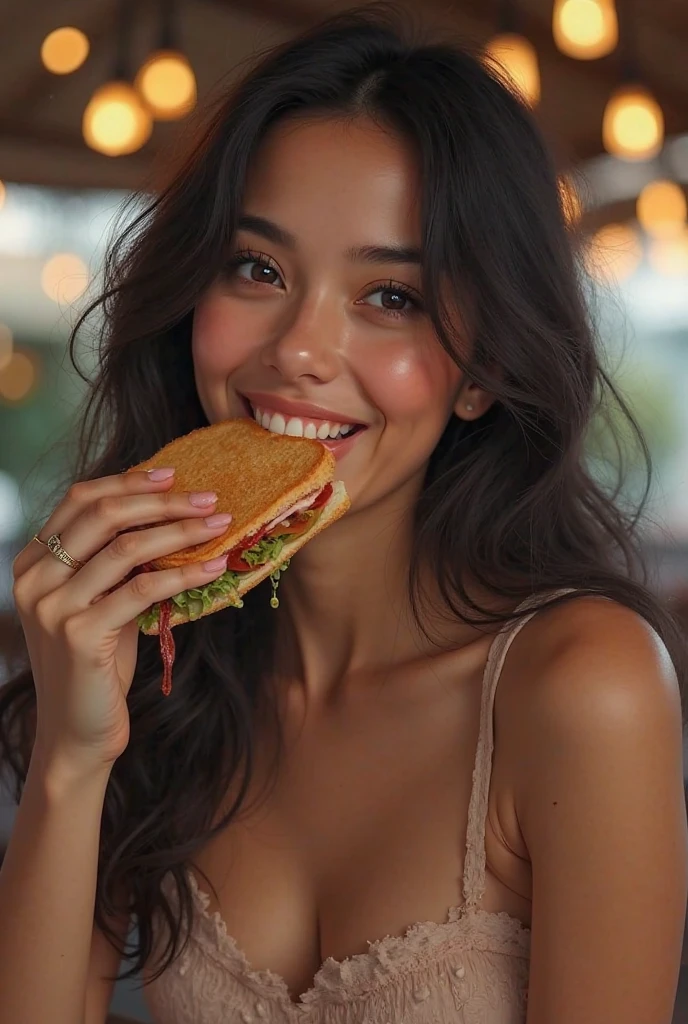 Create an image of a woman with dark hair and light eyes eating a hamburger