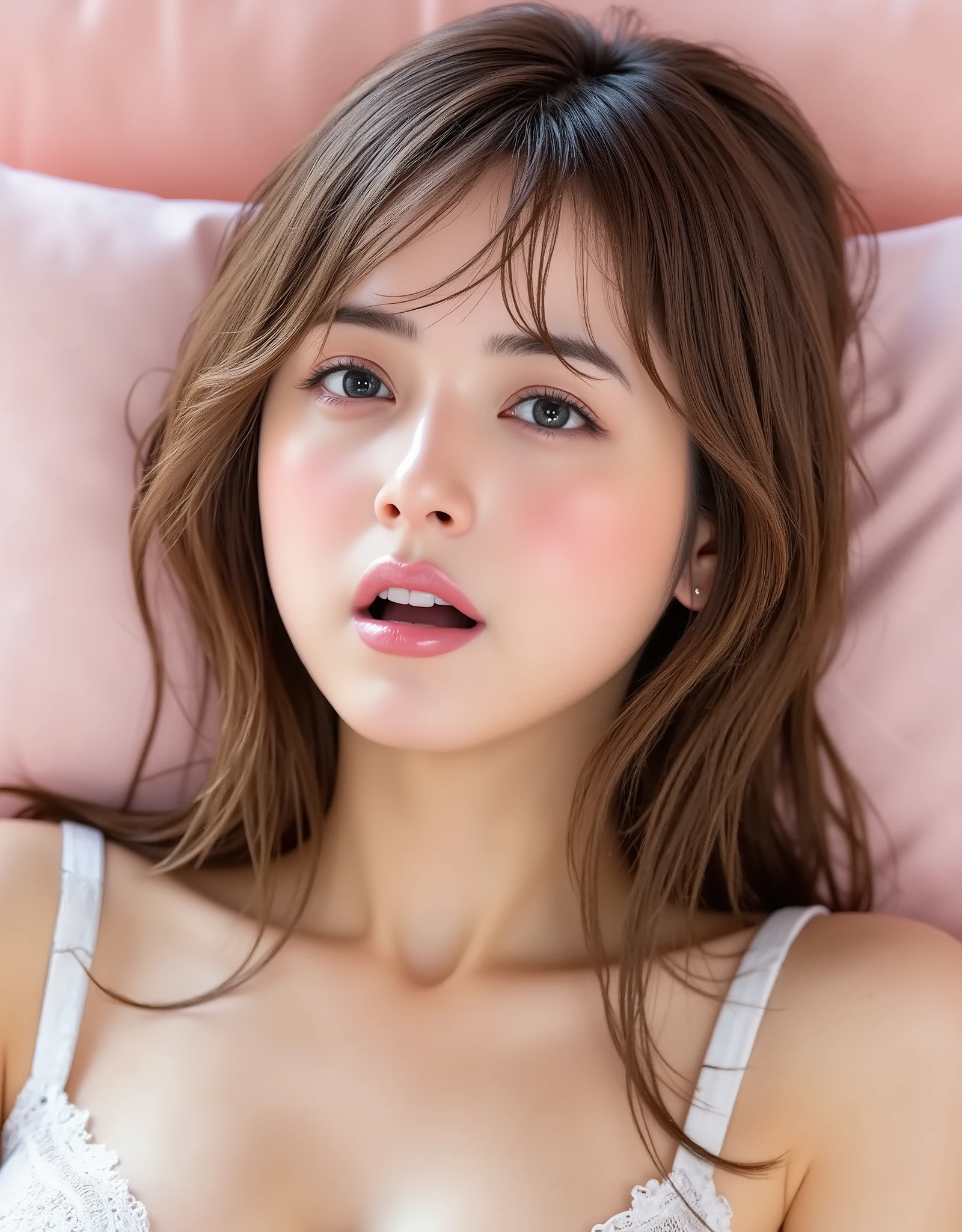 NSFW, (Highest quality), (Ultra-precise CG 16K wallpaper), (Realistic), (High saturation), (Sharp), Beautiful detailed shading, Beautiful natural lighting, Beautiful detailed glow, (Afternoon sunlight), Natural light, Depth of field, (Mature 24 year old woman, One person), (Very beautiful Japanese face), (Sasaki Nozomi), (Side swept soft wavy long cut hair with bangs), (Shiny brown hair), (Sparkling eyes), (C cup size breasts, cleavage), (Beautiful breasts), (Beautiful skin), Beautiful proportions, (Moaning face: 1.6), (The woman is looking at me), (Woman is wearing a white lace bikini bra), (Lying pose lying on her back), (Light pink bed and cushion), (Full screen image), (Angle of view of woman's upper body), (Image of woman looking down), (Woman is lying on her back on the bed and moaning),
