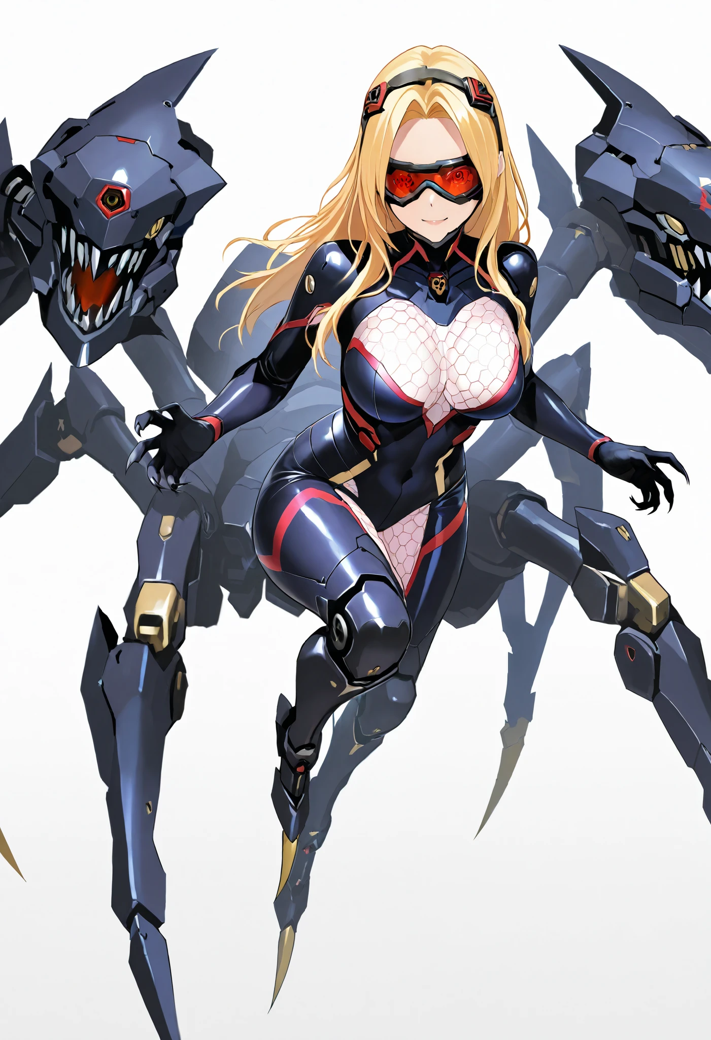 Arachne style girl. Cyber style. Honeycomb pattern bodysuit. Lightning. Mechanical spider legs. Blonde hair. Side-parted bangs. Turret. Sharp claws. Mechanical head accessory. Compound eyes. Goggles. Breasts perky. White background.
