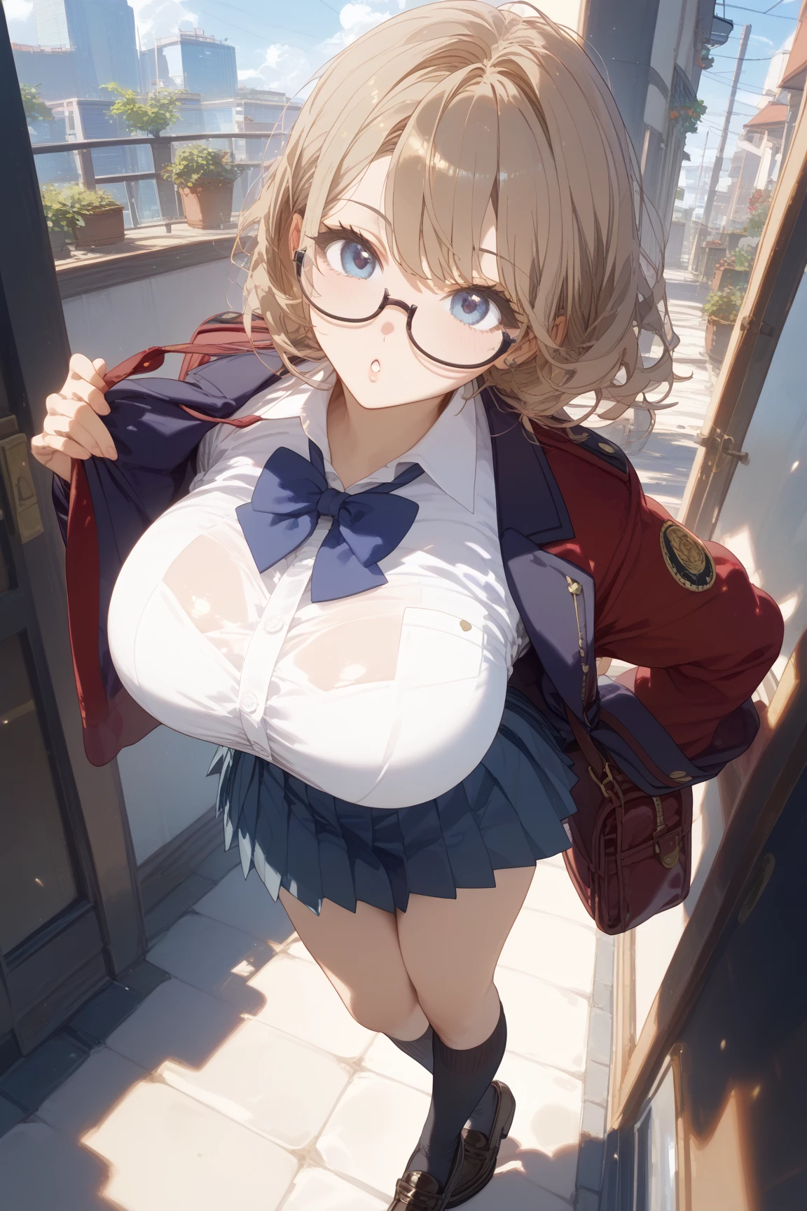 Highest quality、High resolution、Detailed Background、(Beautiful face in every detail:1.4)、Anatomically correct、(Normal number of fingers:1.2)、Highly detailed face、(Detailed eyes:1.2)、age beauty、(Huge breasts:1.2)、Perfect body line、Light color hair、Braided bob cut、ponytail、Wavy Hairstyle、well-groomed eyebrows、Glasses、Sailor suit、JK Uniform、Pleated skirt、White Stockings、A big smile、blush、Accentuate your cleavage、Accentuate your breasts、
(The button on her uniform is broken and her breasts are spilling out:1.5)、(View from below of a girl sitting at a desk:1.5)、(Underboob:1.3)、(Panty Shot:1.2)、cute