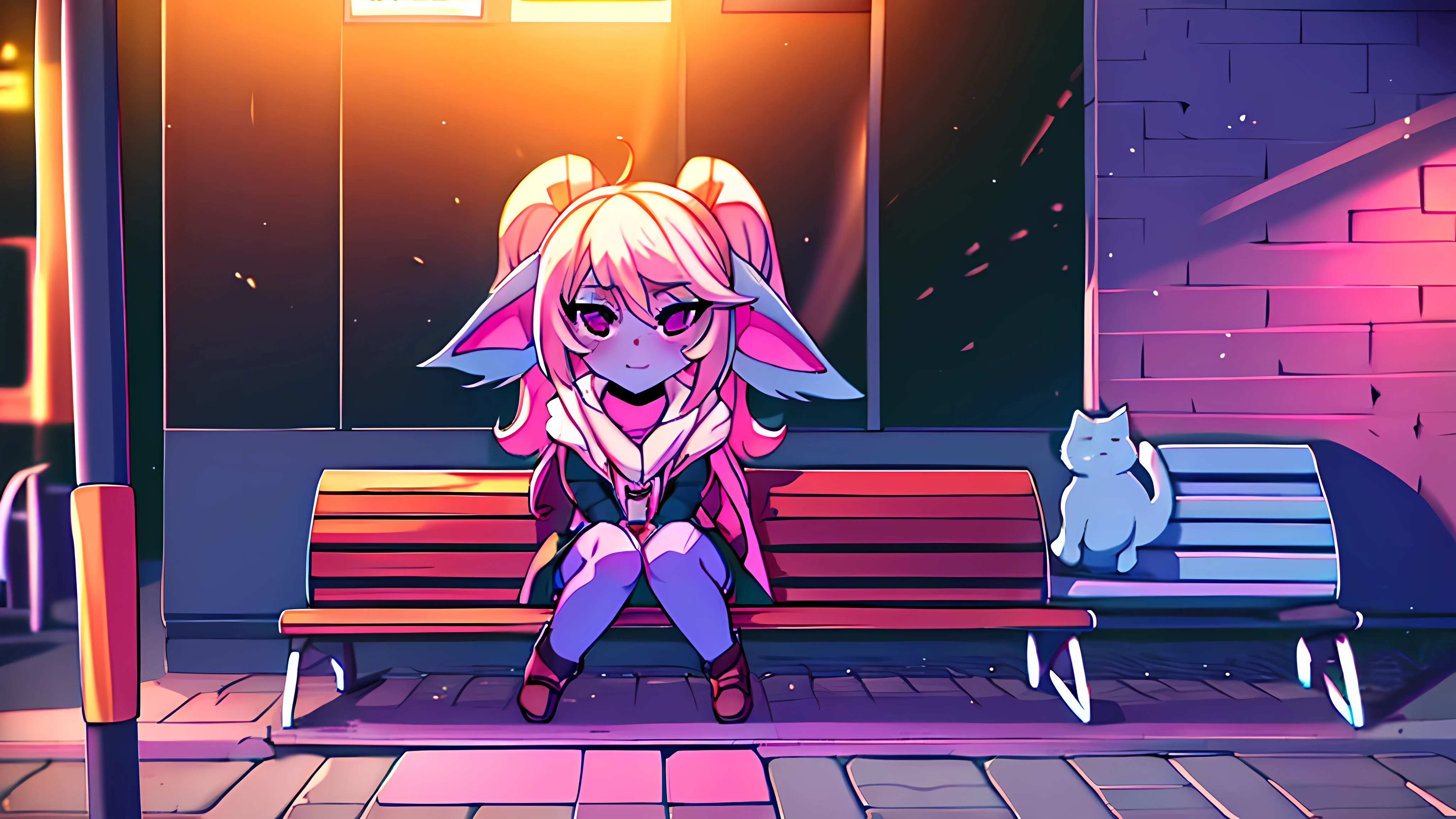 Poppy sitting on a bus stop bench at night, while playing with a cat, beautiful and cute, but at the same time she is provocative and sexy. /purple and pink colors are predominant. /anime style