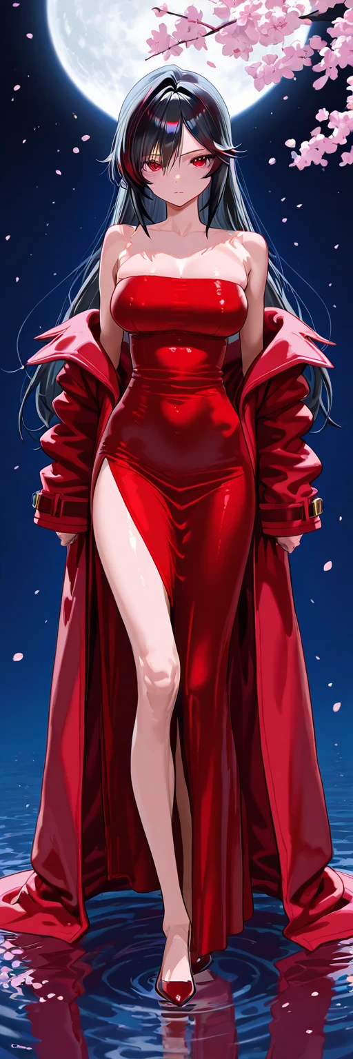 midnight、The moon and cherry blossoms reflected on the surface of the water、DYNAMIC ANGLE、Lone lady、((Alone))、black hair、long hair、light side long hair、cut bangs with sideburns visible、((skinny))、Outstanding big breasts、full body、red eyes、(strapless、off shoulder、crimson bodyconscious dress)、 Red Long Coat、masterpiece、high resolution、Superb quality 、A fully calculated light source、Watch the viewer with a fervent gaze、