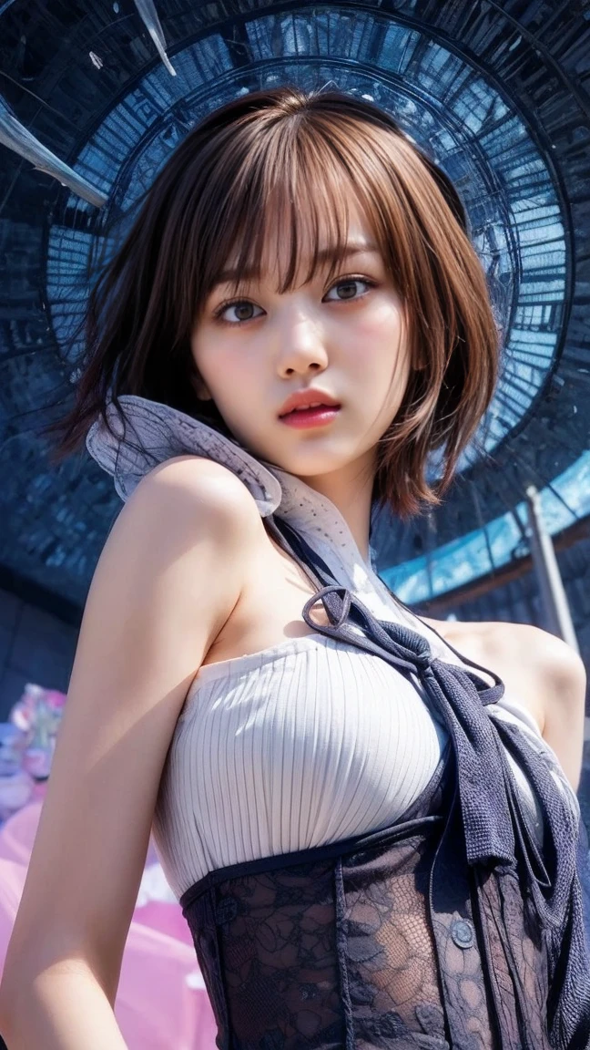 (Dynamic Angle:1.3),Extreme close up,the wind is strong,映画ofハイライト,1人of女of子,Upper Body,dancing,View your viewers, 砂浜of海岸で, alone, jewelry, blank eyes,brooch, 茶hair,( 長いhair:1.2),floating hairlong_sleeve, ribbon, Jacket, dress, gem, hair_ribbon,null, depth_of_Field, a close view of flying petal,