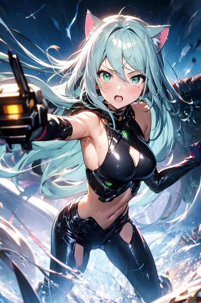 Time Gal, a woman with long green hair, medium breasts, very scared, wearing a tight short solid-red vest with a low neckline, solid-red bikini bottoms and white boots, a laser gun holster around her waist, holding a laser gun, running, a robot arm reaching out to her, cleavage, breasts party visible, inside a space station interior, in full view in high detail