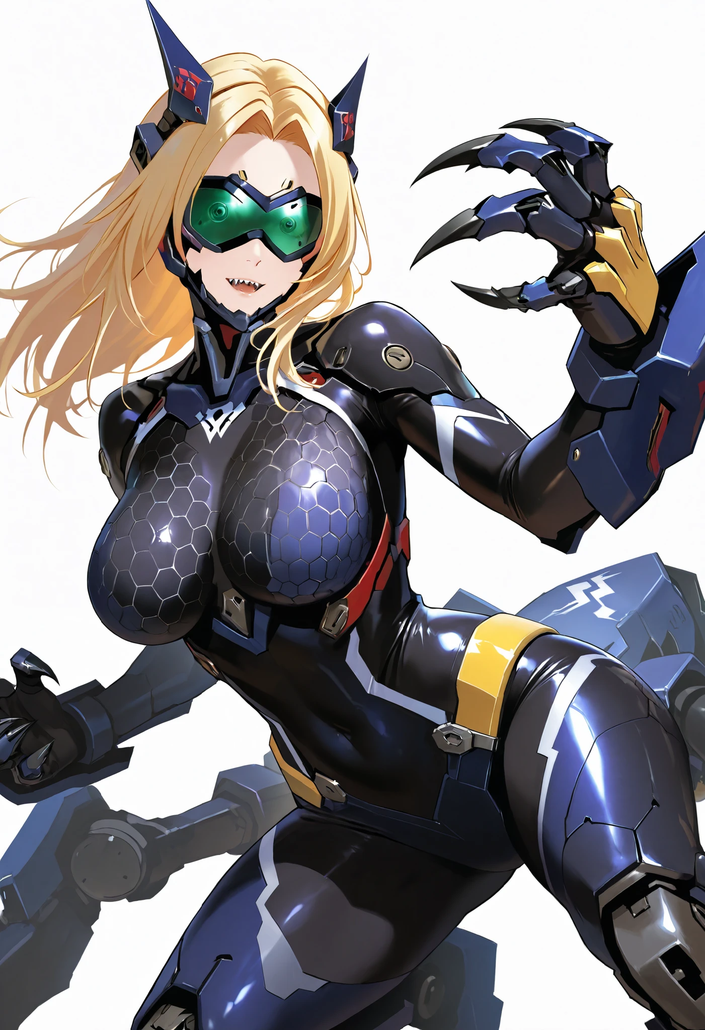 Arachne style girl. Cyber ​​style. Honeycomb pattern bodysuit. Lightning. Mechanical spider legs. Blonde hair. Side-parted bangs. Turret. Sharp claws. Mechanical head accessory. Compound eyes. Goggles. Breasts perky. White background.
