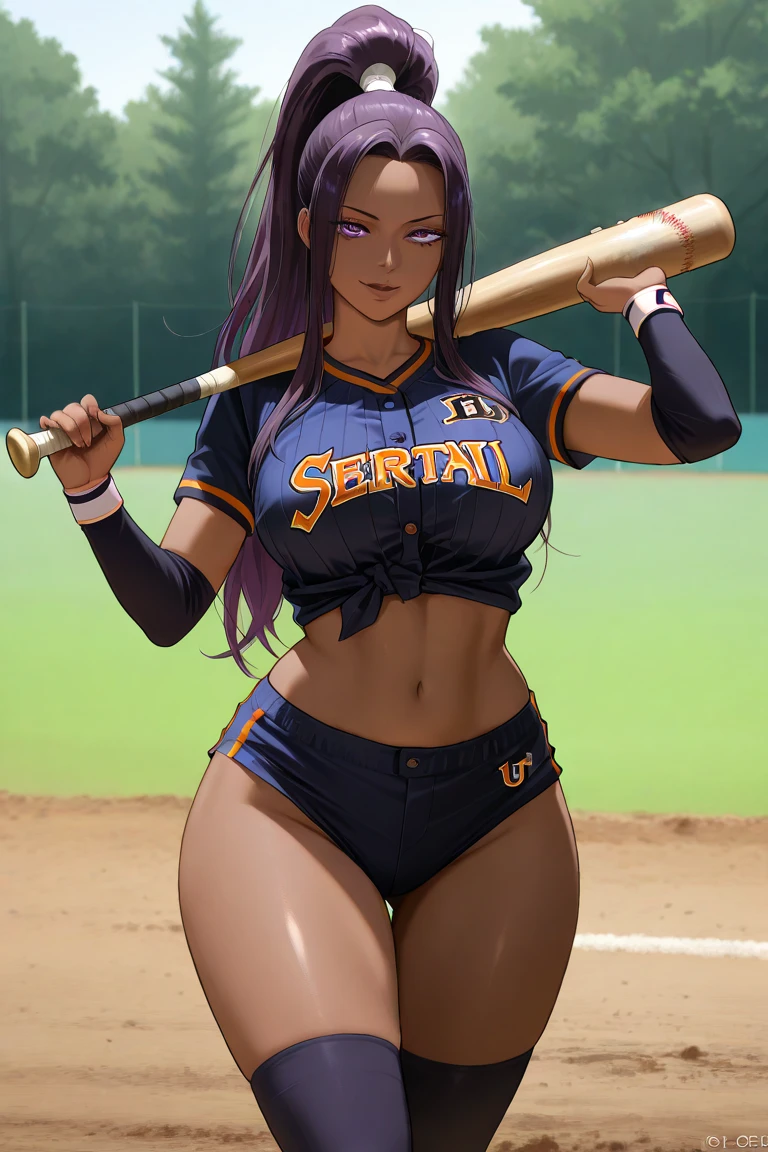 rndCm, hair over one eye, An athletic body, big breasts, purple track and field uniform, 1girl, solo, standing_split, smile