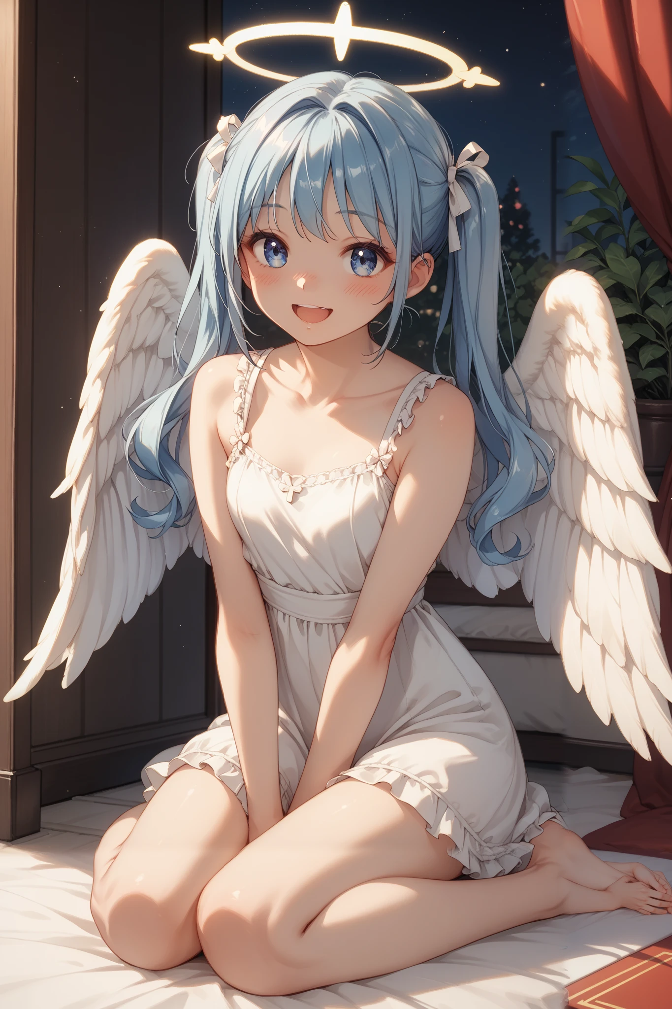 ,、 white angel wings、sheer white dress、An angel is an angel's halo on the head 、heaven、I pray、smile、high resolution, looking, blush, smiles, open your mouth, blue eyes, Blue Hair/light blue hair tied at the top, twin tails, best quality, sitting,full body picture