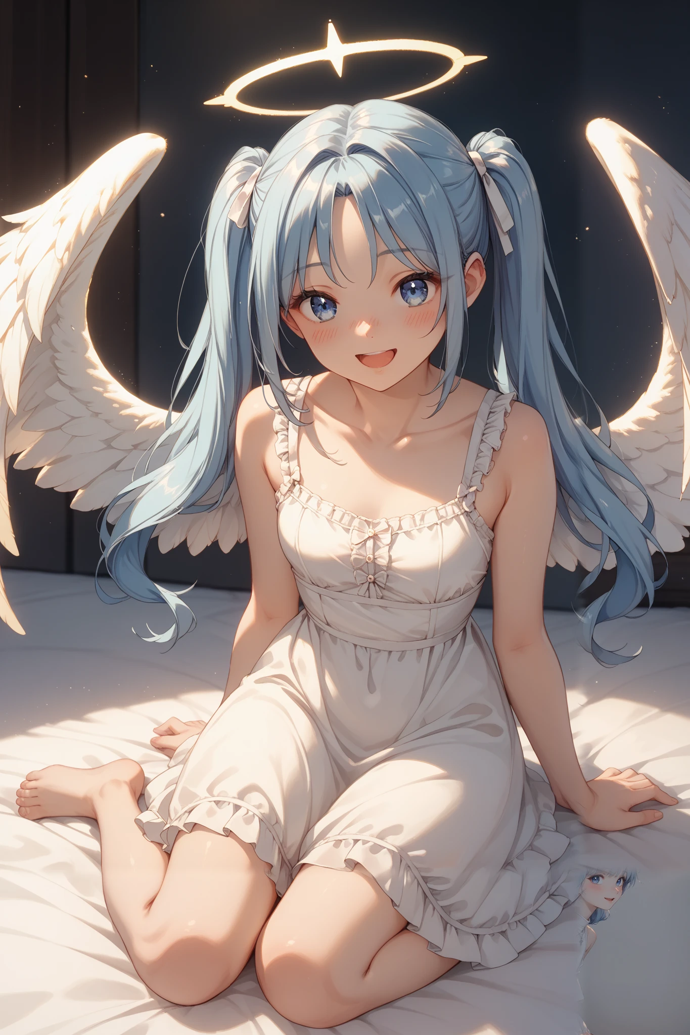 ,、 white angel wings、sheer white dress、An angel is an angel's halo on the head 、heaven、I pray、smile、high resolution, looking, blush, smiles, open your mouth, blue eyes, Blue Hair/light blue hair tied at the top, twin tails, best quality, sitting,full body picture