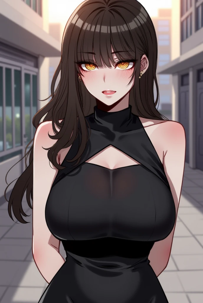 masterpiece, best quality, very aesthetic, absurdres, 1girl, black hair, short hair, tsurime, yellow eyes, large breasts, cleavage, taut dress, low neckline, expressionless, hotel, crowd, serious