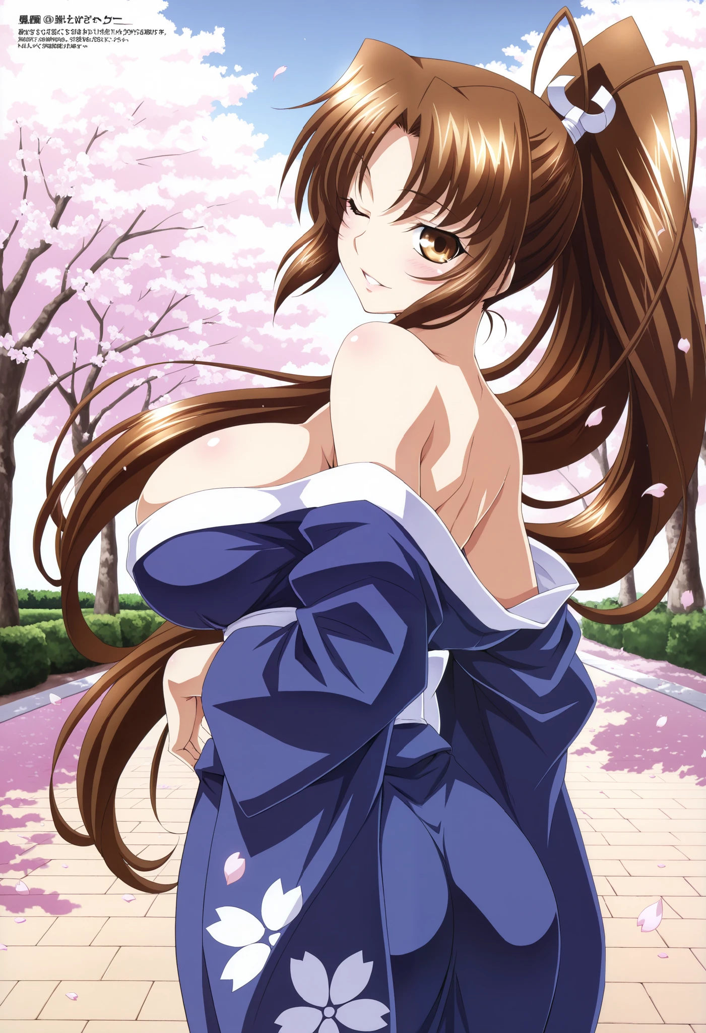 mai shiranui, 1girl, breasts, solo, brown hair, long hair, ponytail, brown eyes, cowboy shot, seductive smile (masterpiece),(best quality),(ultra-detailed),(best illustration),(best shadow),(absurdres),(detailed background),(very aesthetic), upper body, looking back, winking, one eye closed, smile, looking at viewer, skinny, huge breasts, wide hips, kimono, outdoors, sakura blossoms, petals, park, detailed background, bare shoulders, (kimono), parted lips,