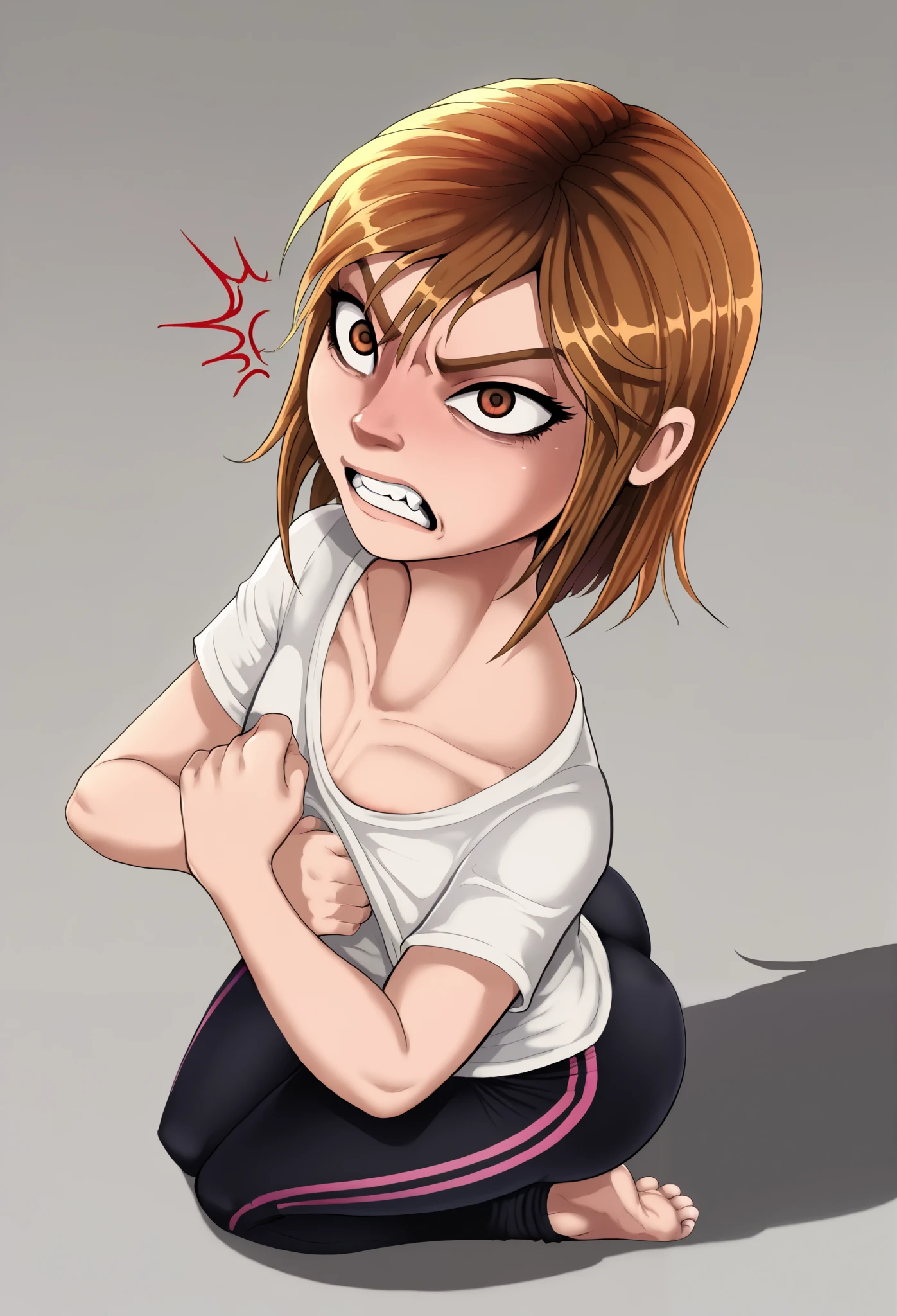 shadcom, shadman, shadman artstyle, score_9, aged 14, score_7_up, 1littlegirl, 1girl, solo, wearing wearing white T-shirt, and some black jogging pants, presenting, curvy, , very short girl, d, minor, solo, medium brown hair, brown eyes, middle school student, age difference, innocent, ish, bratty, cute, immature, juvenile, younger girl, 120 cm tall, from above, ish, ish face, bratty face, shortstack, tight body, cheeky, angry, scared, early s, big butt, bare feet, presenting, allyway background, tiny breasts, tiny nipples, flat chest, lifting up shirt,